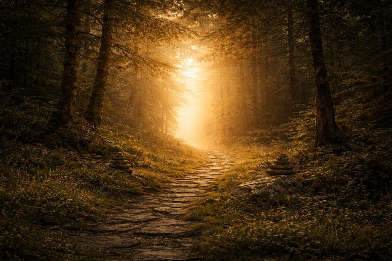 Ein steinerner Pfad schlängelt sich durch einen dichten Wald, der von warmem, goldenem Sonnenlicht erhellt wird, das durch hohe Bäume fällt und eine mystische, leuchtende Atmosphäre schafft. Am Wegesrand sind kleine Steinhaufen aufgeschichtet.