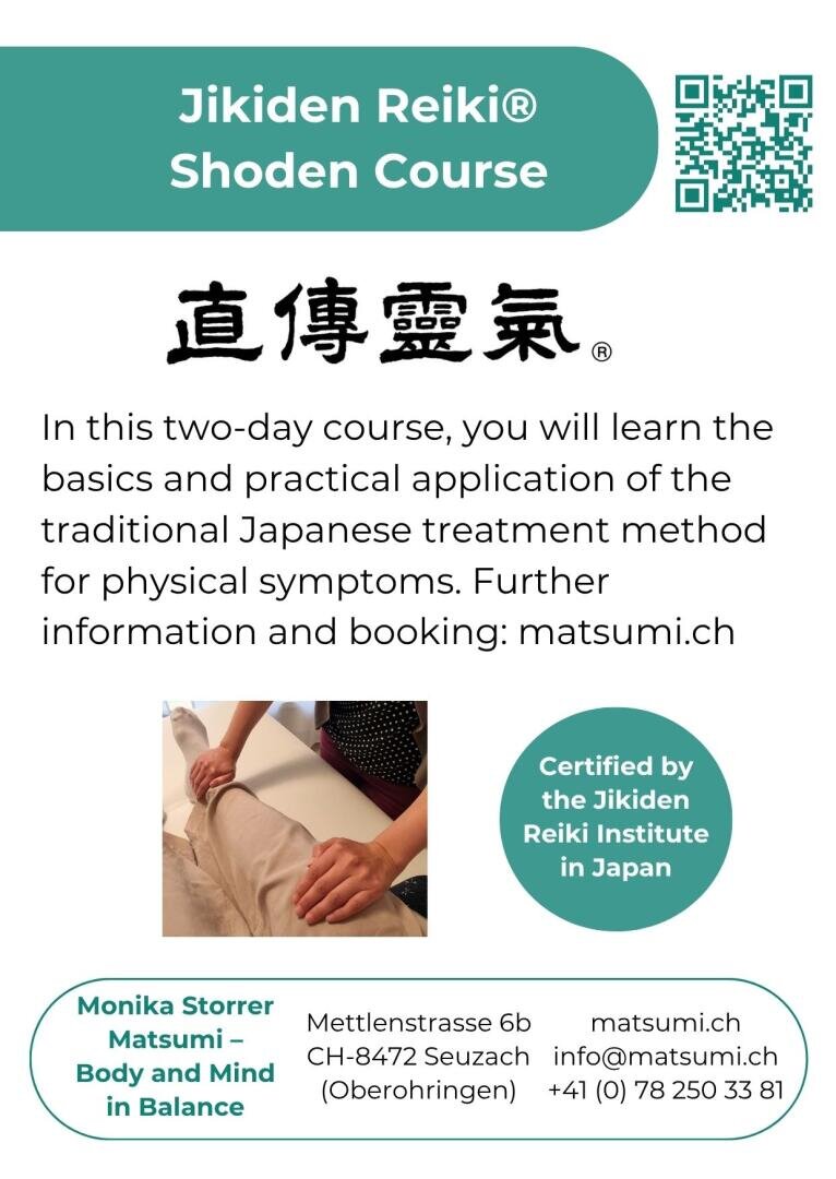 Flyer für den Jikiden-Reiki-Shoden-Kurs, mit Kursinformationen, einem Foto von Händen, die bei einer Person Reiki anwenden, einem Zertifikatsabzeichen sowie den Kontaktdaten von Matsumi – Body and Mind in Balance in Seuzach, Schweiz.