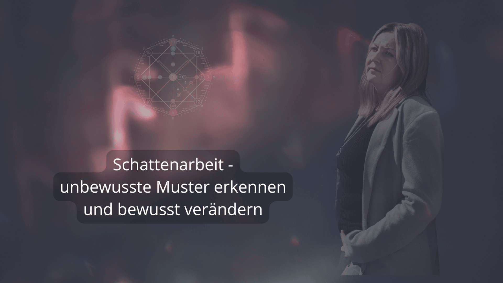 Eine Frau in einem grauen Mantel steht vor einem verschwommenen, abstrakten Hintergrund mit weichen Lichtern und einem geometrischen Symbol. Der deutsche Text lautet: Schattenarbeit - unbewusste Muster erkennen und bewusst verändern.