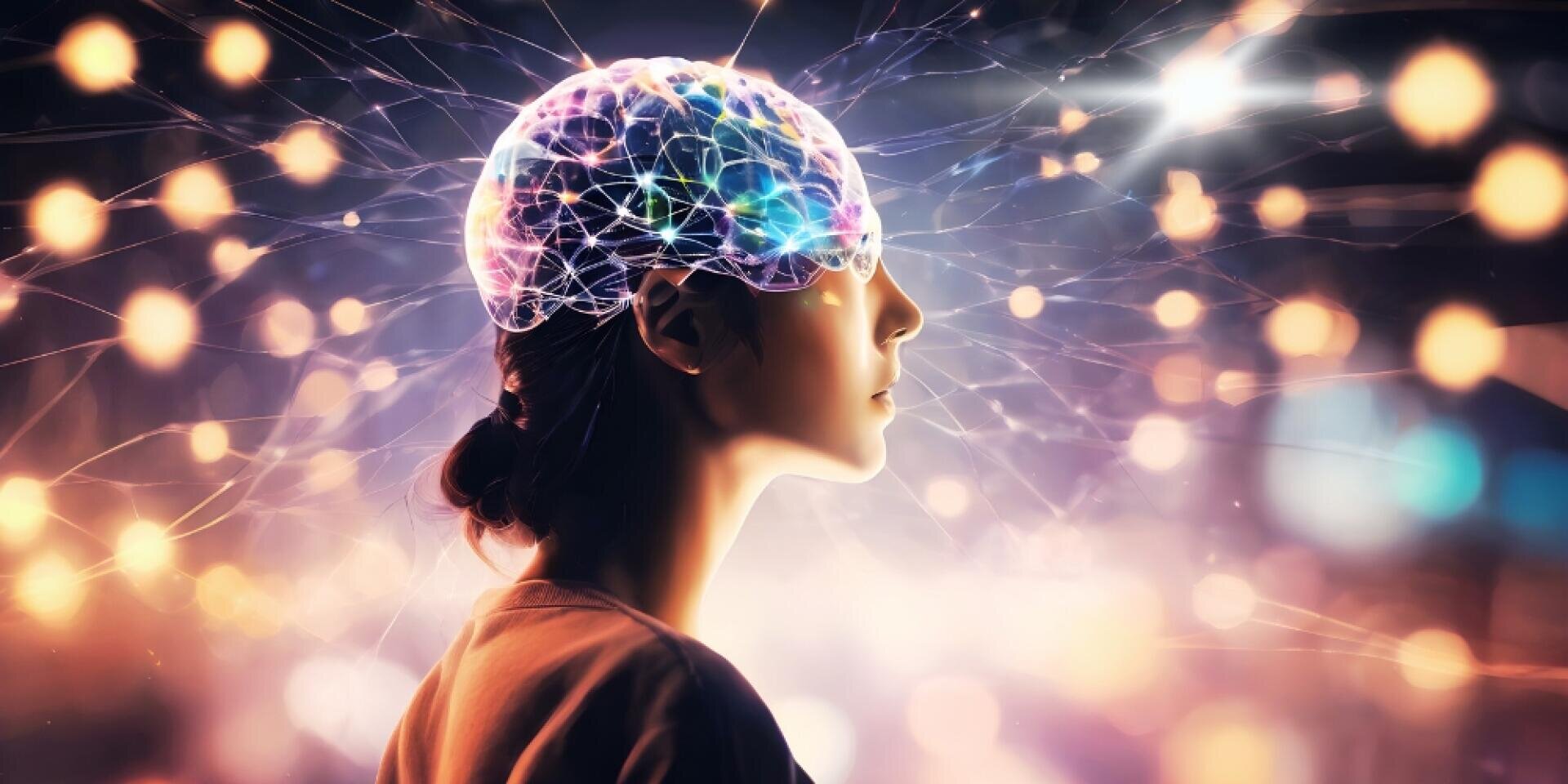 Eine Frau im Profil steht vor einem farbenfrohen, verschwommenen Hintergrund; ihr Gehirn ist mit leuchtenden neuronalen Verbindungen dargestellt, die Gedanken oder fortgeschrittene Intelligenz symbolisieren. Von ihrem Kopf gehen Lichtspuren und netzartige Linien aus.