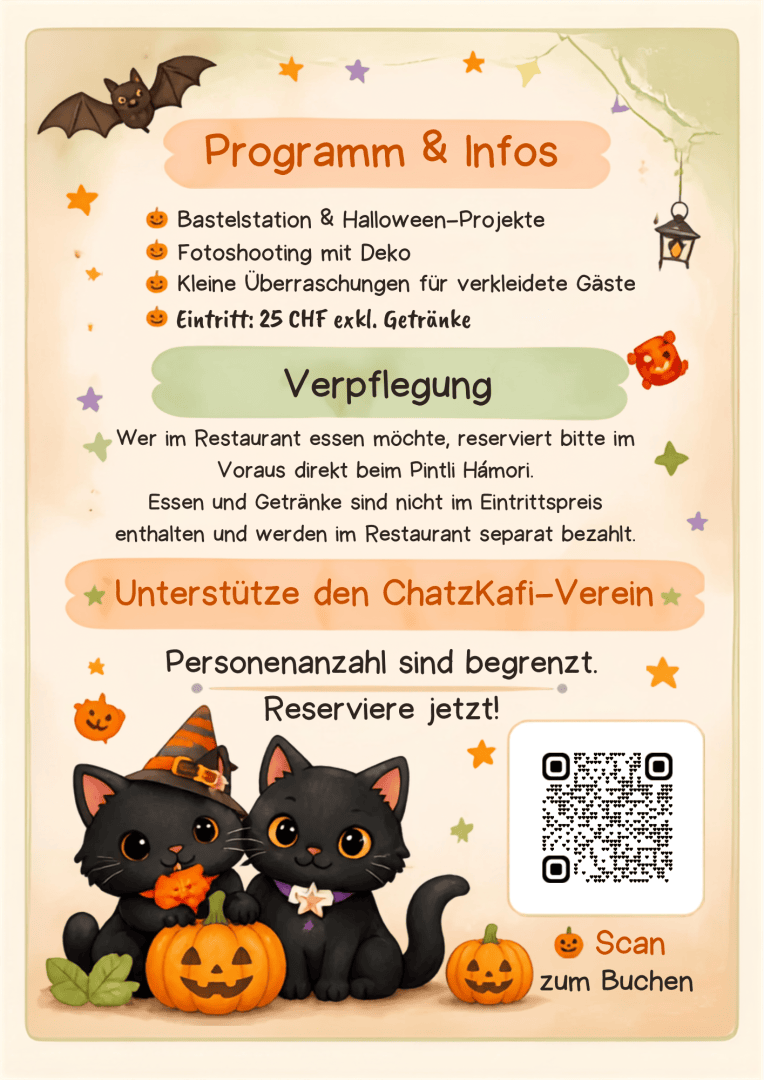 Flyer zur Halloween-Veranstaltung des ChatzKafi-Vereins mit Programmdetails, Informationen zum gastronomischen Angebot und einem QR-Code für Reservierungen.