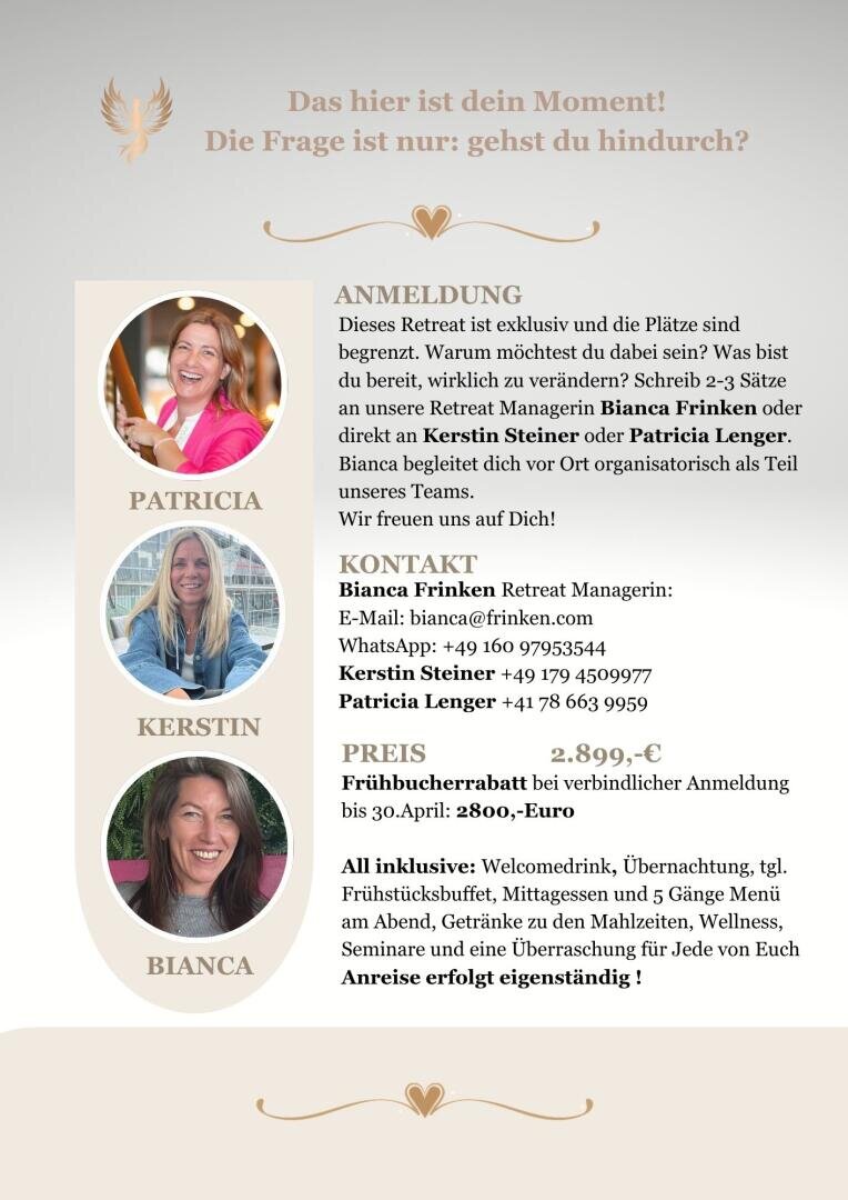 Ein Flyer wirbt für eine Klausurtagung mit Fotos von drei Frauen, die mit Patricia, Kerstin und Bianca bezeichnet werden. Er enthält Informationen zur Anmeldung, Kontaktdaten, Preise und beschreibt die unterstützende Teamatmosphäre der Klausur.
