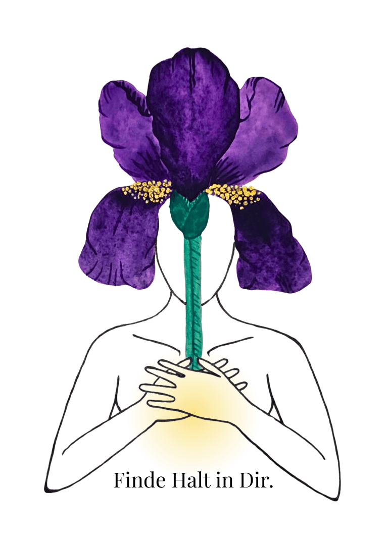 Eine künstlerisch gestaltete Karte mit einem menschlichen Oberkörper. Aus dessen Herzen wächst eine violette Irisblüte, die den Kopf der Figur ersetzt. Im Brustberiech leuchtet zudem ein gelber Lichtkreis. Darunter steht: "Finde Halt in dir".