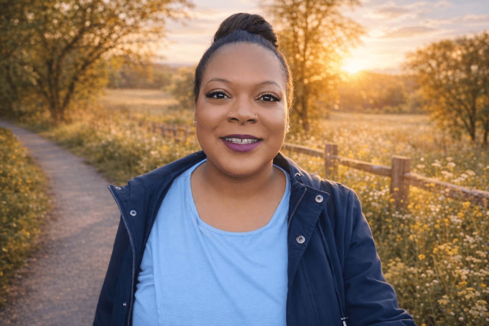 Eine Frau mit dunkler Hautfarbe und hochgestecktem Haar, die ein blaues Hemd und eine dunkle Jacke trägt, lächelt im Freien auf einem Weg mit einem Holzzaun, Bäumen und einem Sonnenuntergang im Hintergrund.