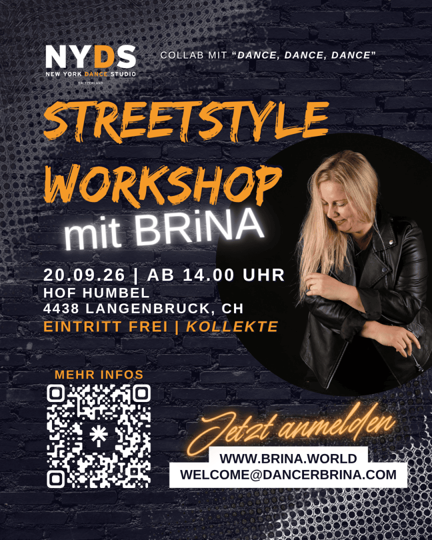 Plakat für den Streetstyle-Workshop mit einer blonden Frau in einer Lederjacke. Der Text enthält Veranstaltungsdetails für den 20.09.26 in Langenbruck, Schweiz, den Hinweis auf freien Eintritt sowie Kontaktdaten. Design im Stil von zerrissenem Papier mit orangefarbenen und weißen Schriftzügen.