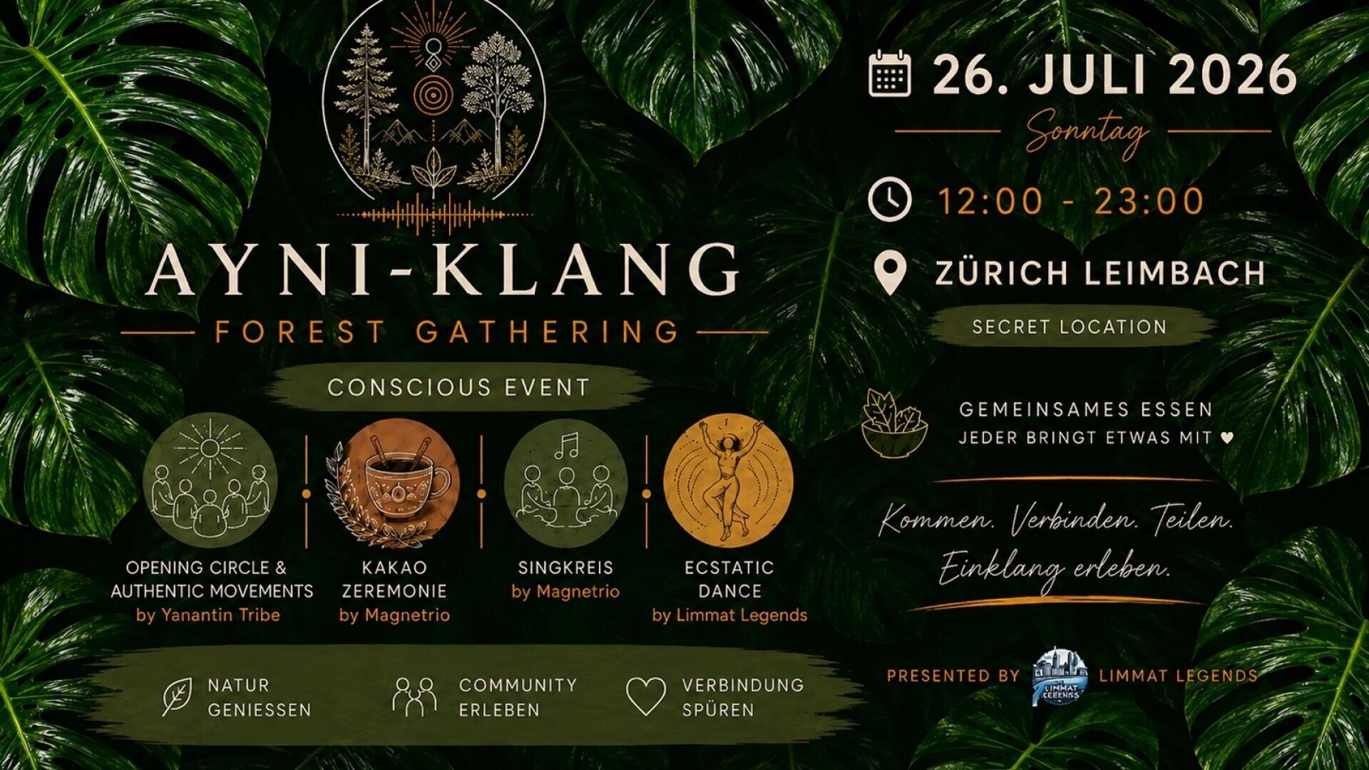 Veranstaltungsflyer für das „Ayni-Klang Forest Gathering“ am 26. Juli 2026 in Zürich mit Veranstaltungsdetails, Grafiken zum Thema Natur, Symbolen für Aktivitäten und üppigen grünen Blättern als Hintergrund.