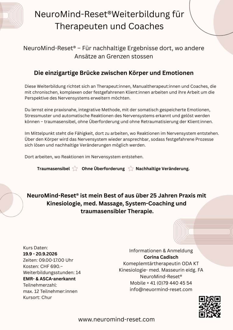 Flyer für einen NeuroMind-Reset®-Kurs, der sich an Therapeuten und Coaches richtet, mit Informationen über die einzigartige Methode, Kursdetails, Termine und Kontakt. Der Flyer ist in sanften Rosa-, Grau- und Weißtönen gehalten.