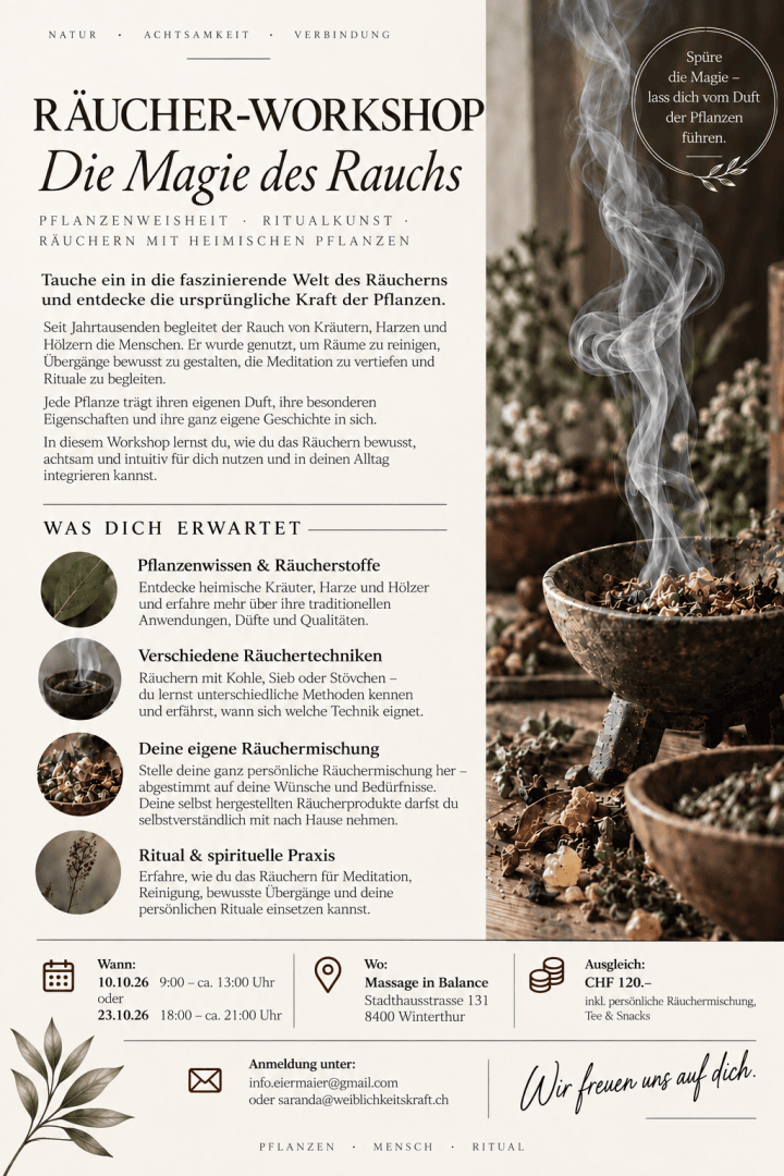 Ein Flyer für einen Räucher-Workshop (Workshop zum Thema Räucherrituale) mit einem Foto von Räucherschalen und Kräutern. Der Flyer enthält Angaben zu den Workshop-Details, Terminen, Uhrzeiten, Preisen und Kontaktdaten auf Deutsch und ist in erdigen Farben gehalten und mit Naturmotiven gestaltet.