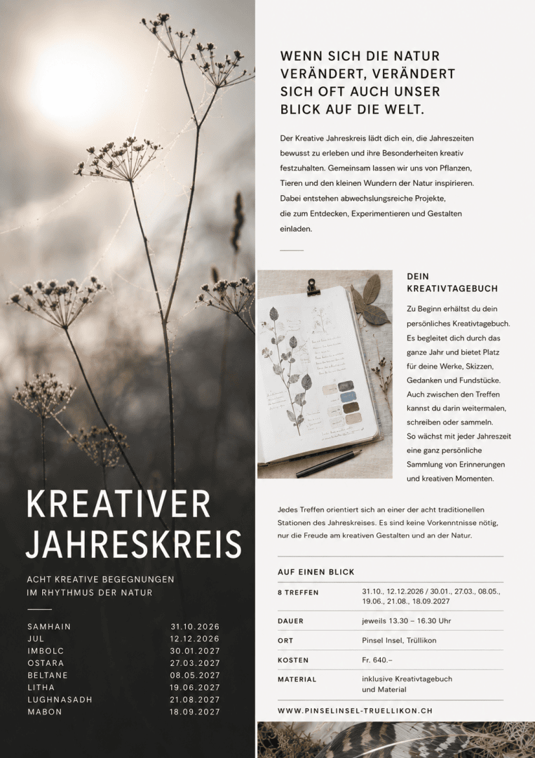 Ein Flyer mit einer zarten Pflanze im Hintergrund, ein Tagebuch mit Blättern und Skizzen sowie ein Text über einen kreativen, einjährigen Natur-Workshop mit Terminen und Kontaktdaten.