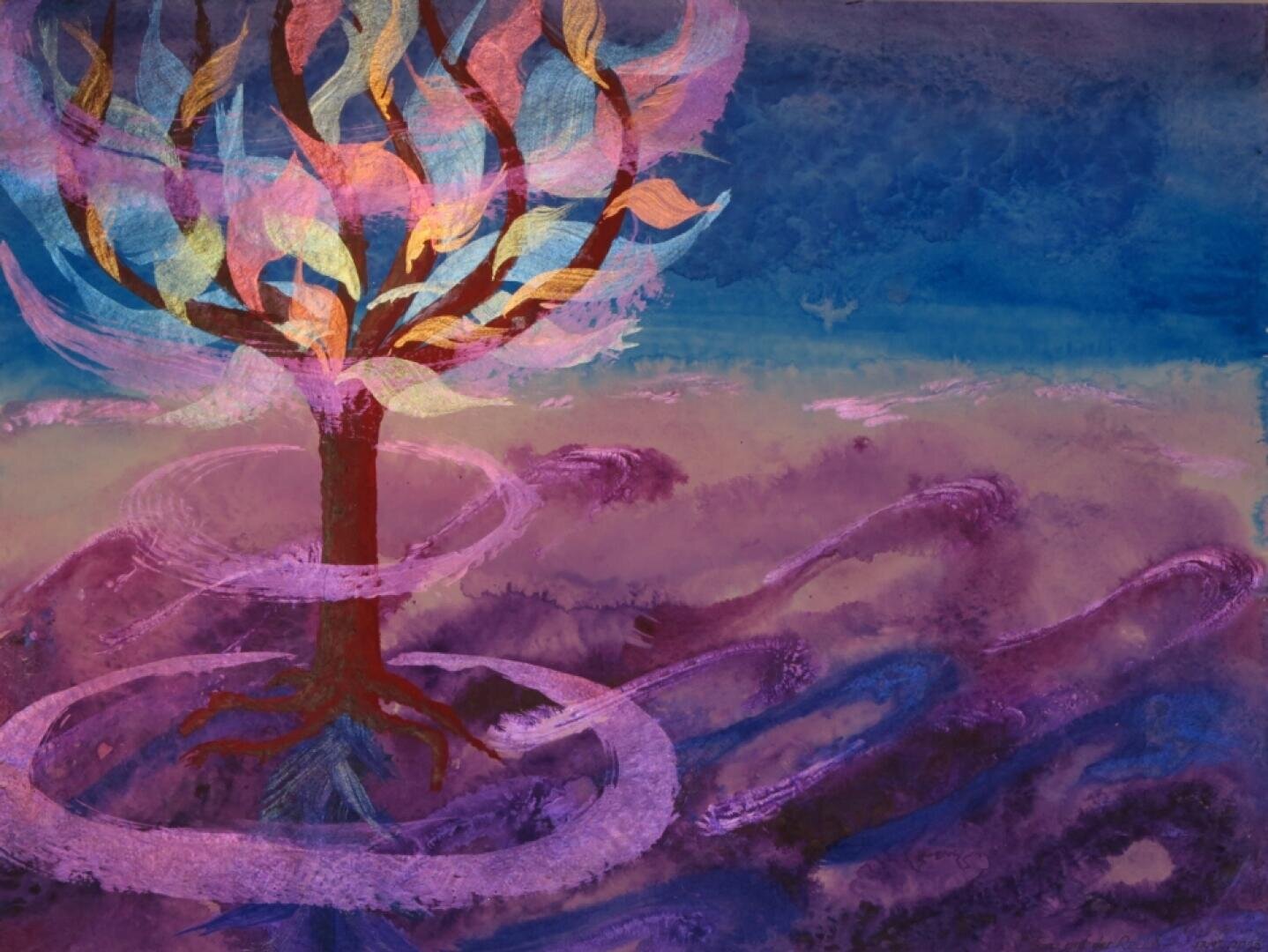 Ein lebhafter Baum mit feurigen, farbenprächtigen Blättern ragt in wirbelnden violetten Ringen vor einem abstrakten blau-violetten Hintergrund empor. Die Szene wirkt magisch und ätherisch.