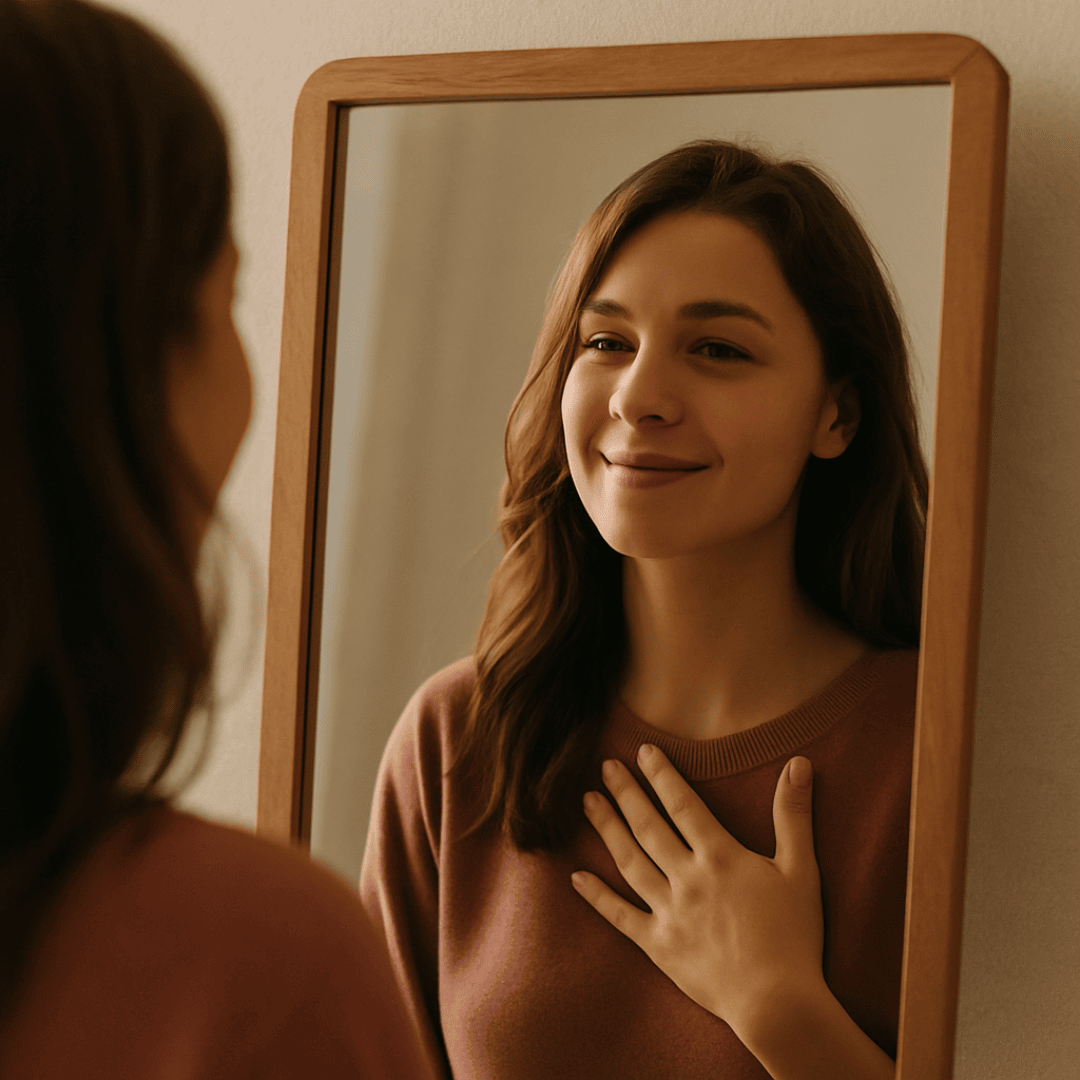 Eine junge Frau mit langen braunen Haaren lächelt sanft, während sie sich selbst in einem holzgerahmten Spiegel betrachtet, eine Hand auf der Brust, in einem lilafarbenen Pullover, in einem sanft beleuchteten Raum.