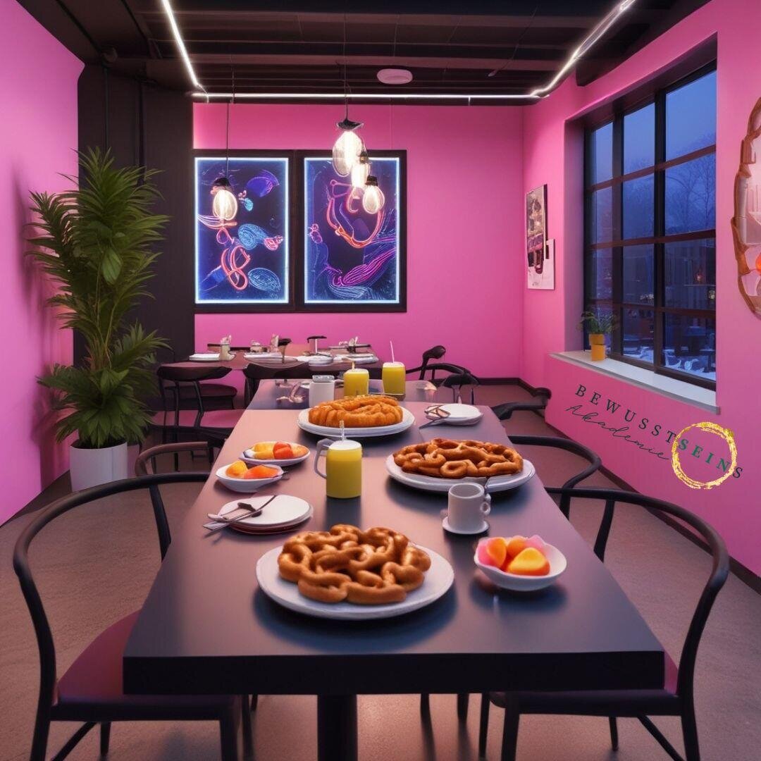Ein modernes Café mit leuchtend rosafarbenen Wänden, Neonquallen-Kunstwerken und schwarzen Tischen, auf denen Teller mit Gebäck, Obst, Orangensaft und Kaffee stehen. Das Tageslicht fällt durch große Fenster, und in der Ecke steht eine Topfpflanze.