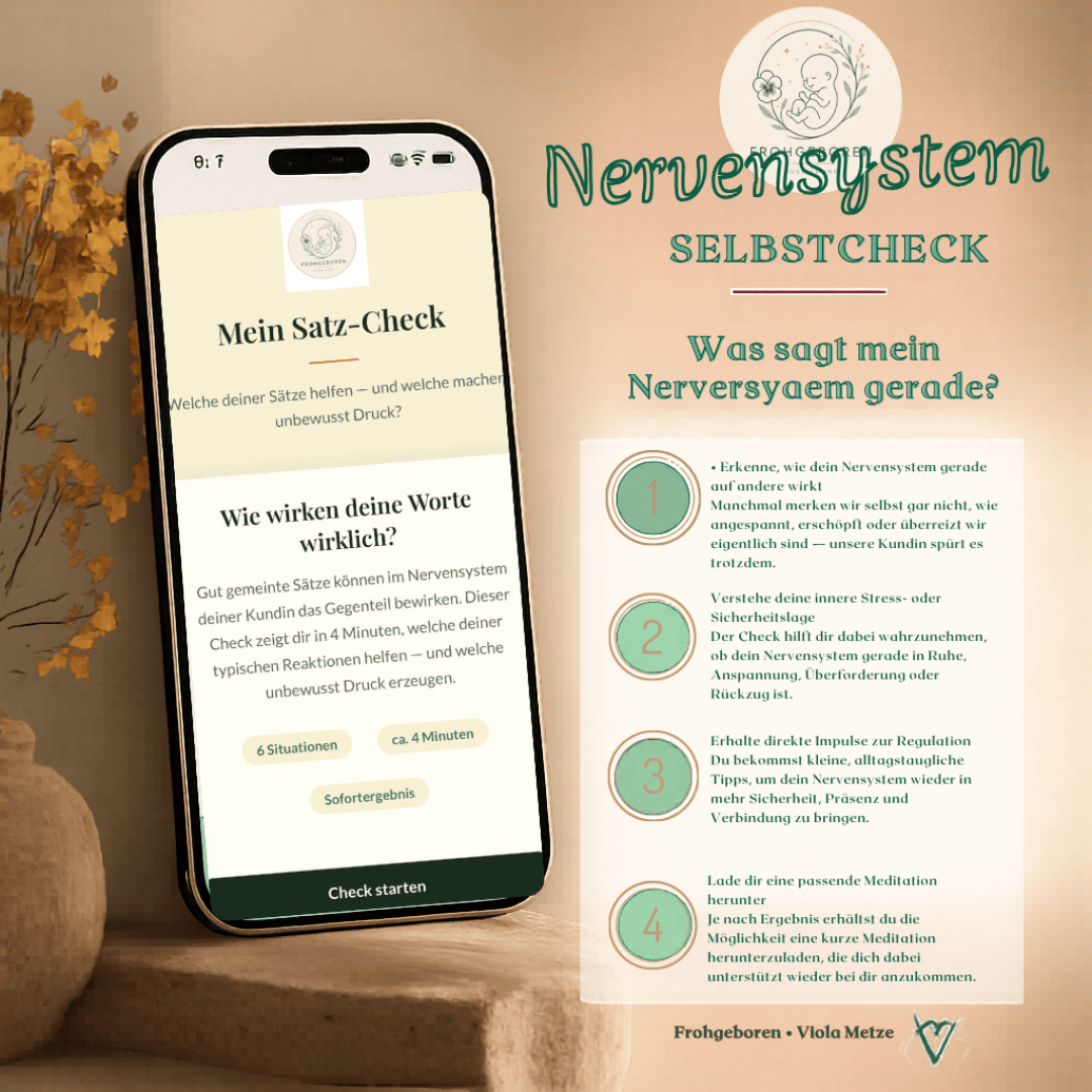 Auf einem Telefondisplay wird ein Selbsttest-Tool mit dem Titel Mein Satz-Check angezeigt, das Fragen dazu enthält, wie Wörter das Nervensystem beeinflussen. Neben dem Telefon erklärt ein Text, was das Nervensystem kommuniziert, mit vier Tipps in nummerierten Kreisen auf einem beigen Hintergrund.