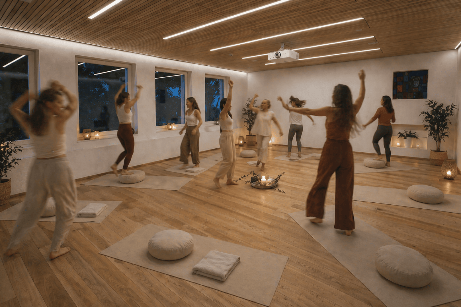 Eine Gruppe von Menschen tanzt frei in einem sanft beleuchteten Yogastudio mit Holzböden, Matten, Kissen und Kerzen, die im Raum verteilt sind und eine warme und friedliche Atmosphäre schaffen.