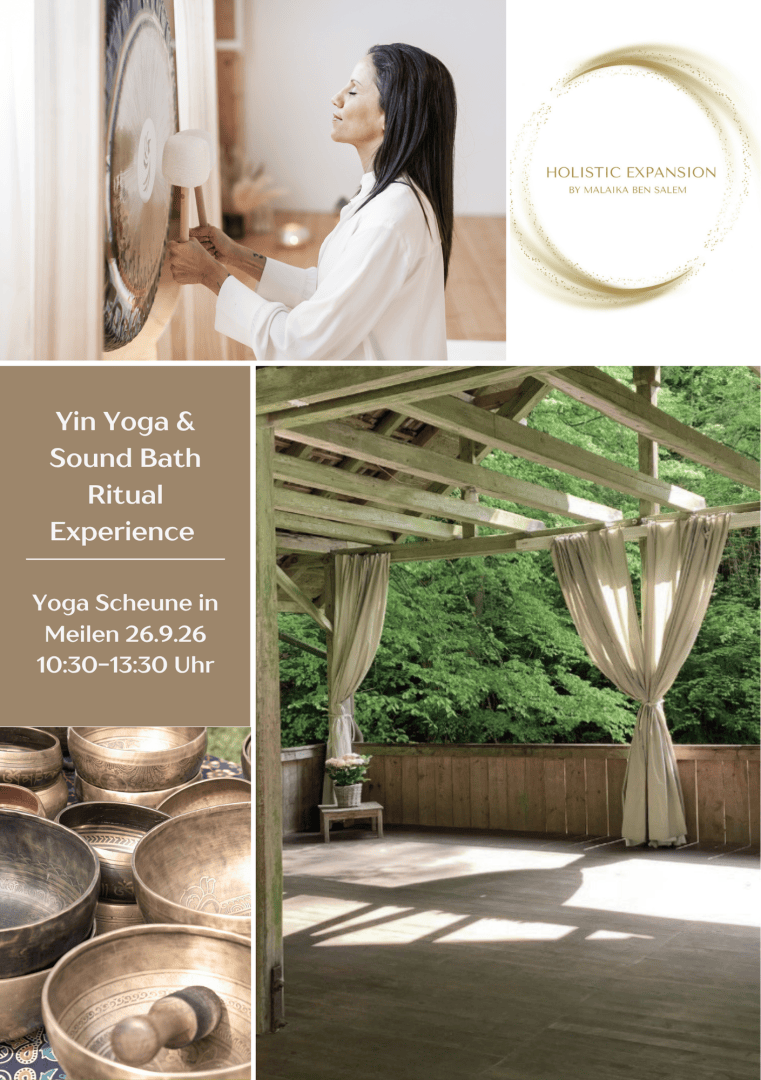 Eine Collage, die eine Frau zeigt, die einen Gong spielt, Klangschalen, einen Yoga-Bereich im Freien mit Vorhängen sowie Veranstaltungsdetails für ein Yin-Yoga- und Klangbad-Ritual am 26. September von 10:30 bis 13:30 Uhr in Meilen.
