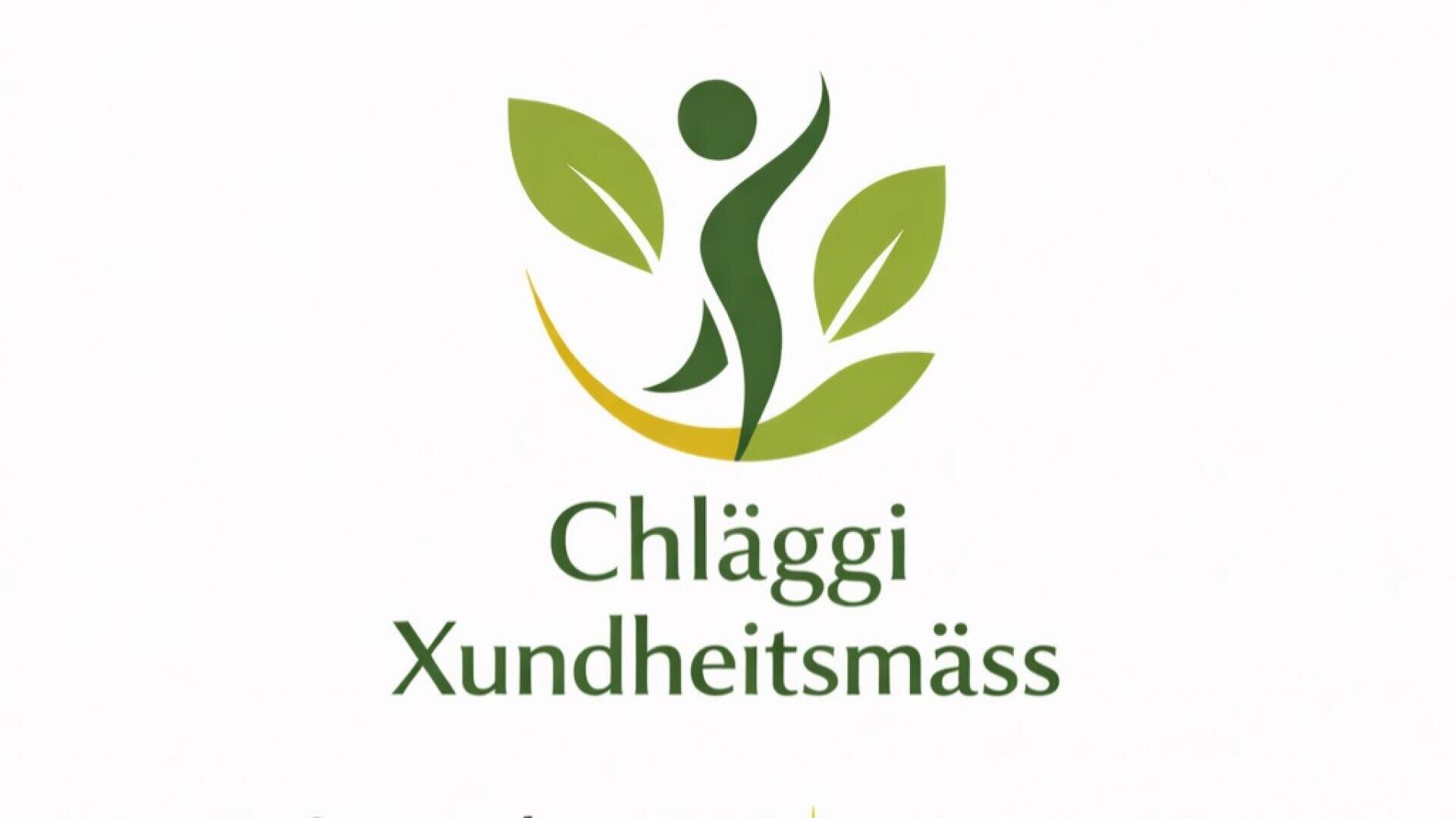 Eine grüne, abstrakte menschliche Figur, umgeben von stilisierten grünen Blättern und einem gelben Bogen, darunter der Text „Chläggi Xundheitsmäss“.