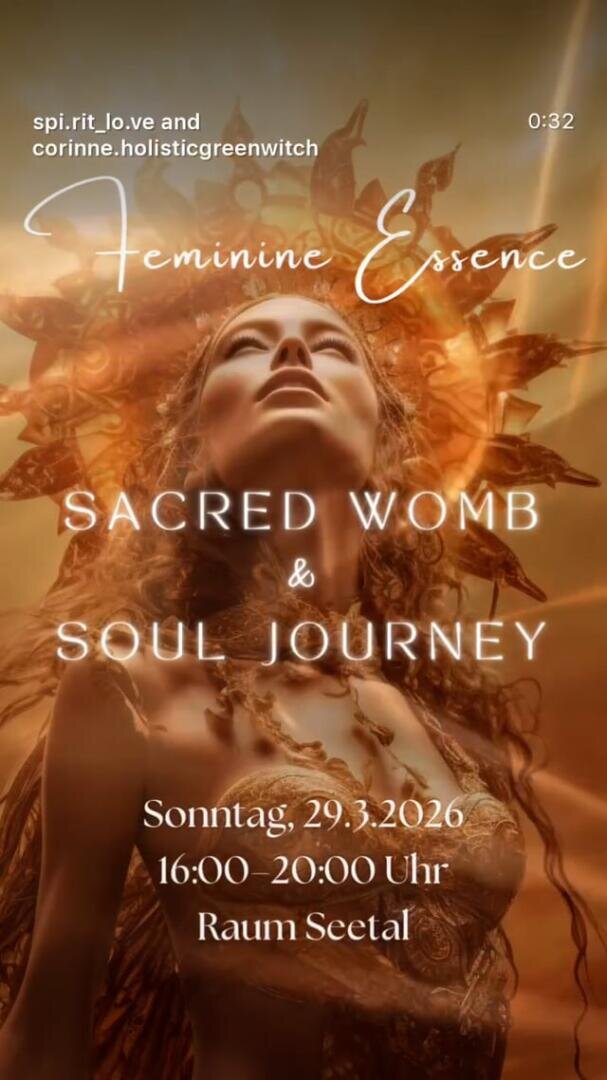 Eine Frau mit einer leuchtenden Krone steht mit zurückgelegtem Kopf. Der Text lautet: Feminine Essenz: Heiliger Schoß & Seelenreise. Sonntag, 29.3.26, 16:00-20:00 Uhr, Raum Setal. Die Instagram-Benutzernamen erscheinen oben auf dem Bild.
