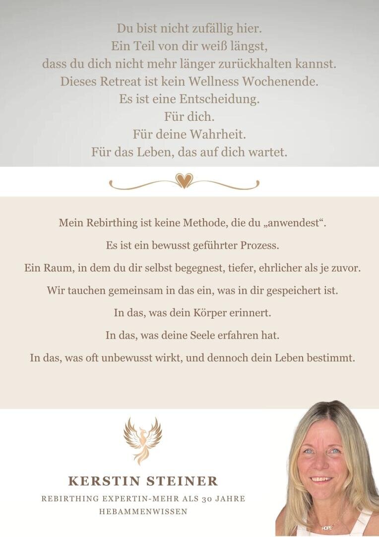 Ein deutschsprachiges Flugblatt mit Text über einen geführten Wiedergeburtsprozess, mit beigen und braunen Farben, dekorativen Linien und einem Foto einer lächelnden Frau mit blondem Haar in der unteren rechten Ecke.