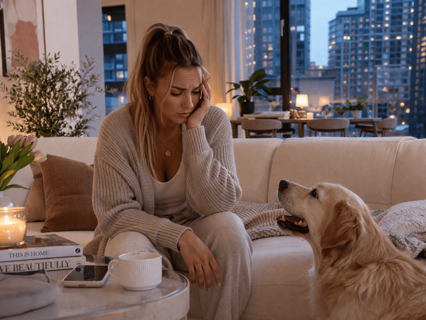 Eine müde Frau sitzt auf einem Sofa, die Hand an die Stirn gelegt, und schaut einen Golden Retriever an.