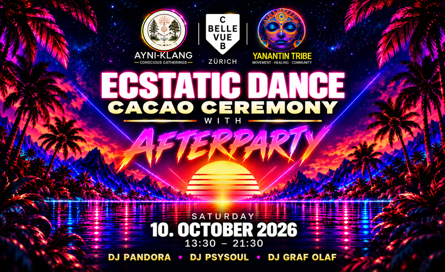 Farbenfrohes Veranstaltungsplakat mit Palmen, Sonnenuntergang und Tribal-Kunst, das für die „Ecstatic Dance Cacao Ceremony“ mit Afterparty am 10. Oktober 2026 in Zürich wirbt. Mit den DJs Pandora, Psysoul und Graf Olaf.