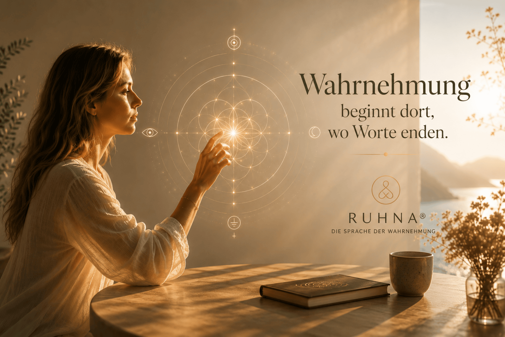 Eine Frau sitzt an einem Tisch und berührt sanft leuchtende geometrische Symbole, die in der Luft schweben. Sonnenlicht fällt herein, und neben ihr liegen ein Notizbuch und eine Tasse. Der deutsche Text lautet: „Wahrnehmung beginnt dort, wo Worte enden.“.