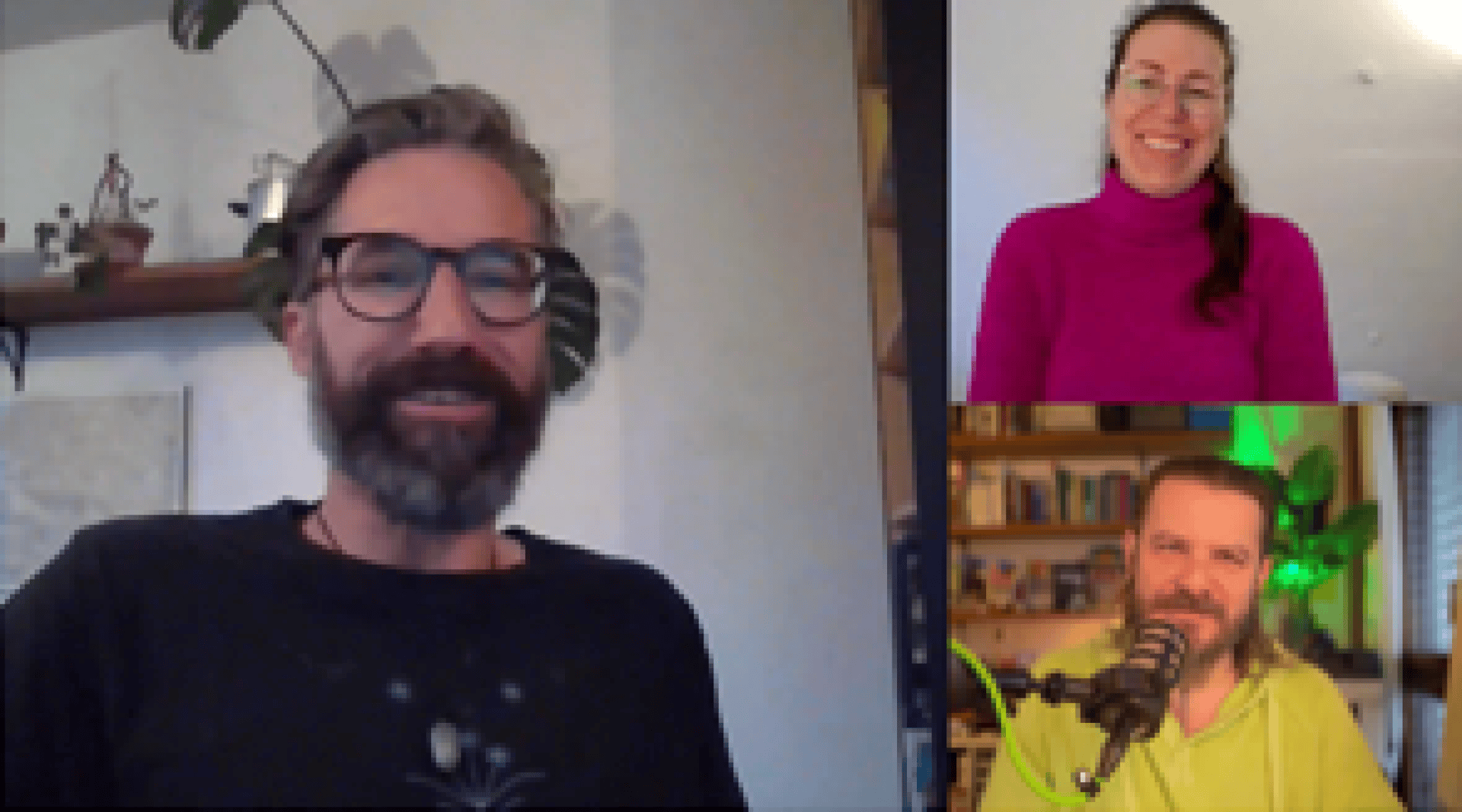 Drei Personen führen ein Videogespräch. Der Mann auf der linken Seite trägt eine Brille und einen Bart, die Frau oben rechts lächelt und trägt ein hellrosa Oberteil, und der Mann unten rechts steht vor einem Mikrofon.