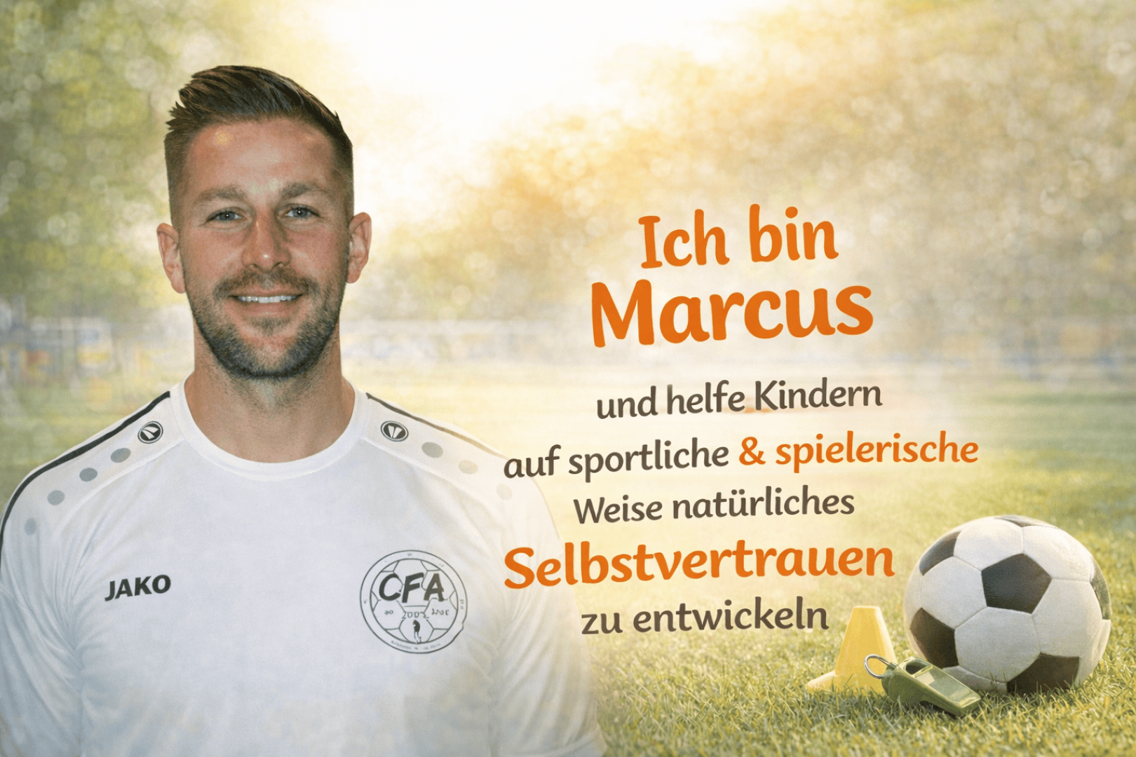Ein lächelnder Mann in einem weißen CFA-Fußballtrikot steht im Freien. Neben ihm befinden sich ein Fußball, Hütchen und ein Text auf Deutsch, der Kindern helfen soll, durch Sport Selbstvertrauen zu entwickeln. Das Sonnenlicht fällt durch die Bäume im Hintergrund.