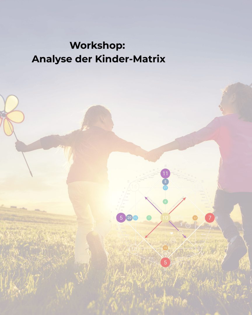Zwei Kinder halten sich an den Händen und rennen in einem sonnenbeschienenen Feld, eines hält ein Windrad. Der überlagerte Text lautet: Workshop: Analyse der Kinder-Matrix. Unten in der Mitte erscheint ein buntes Diagramm.