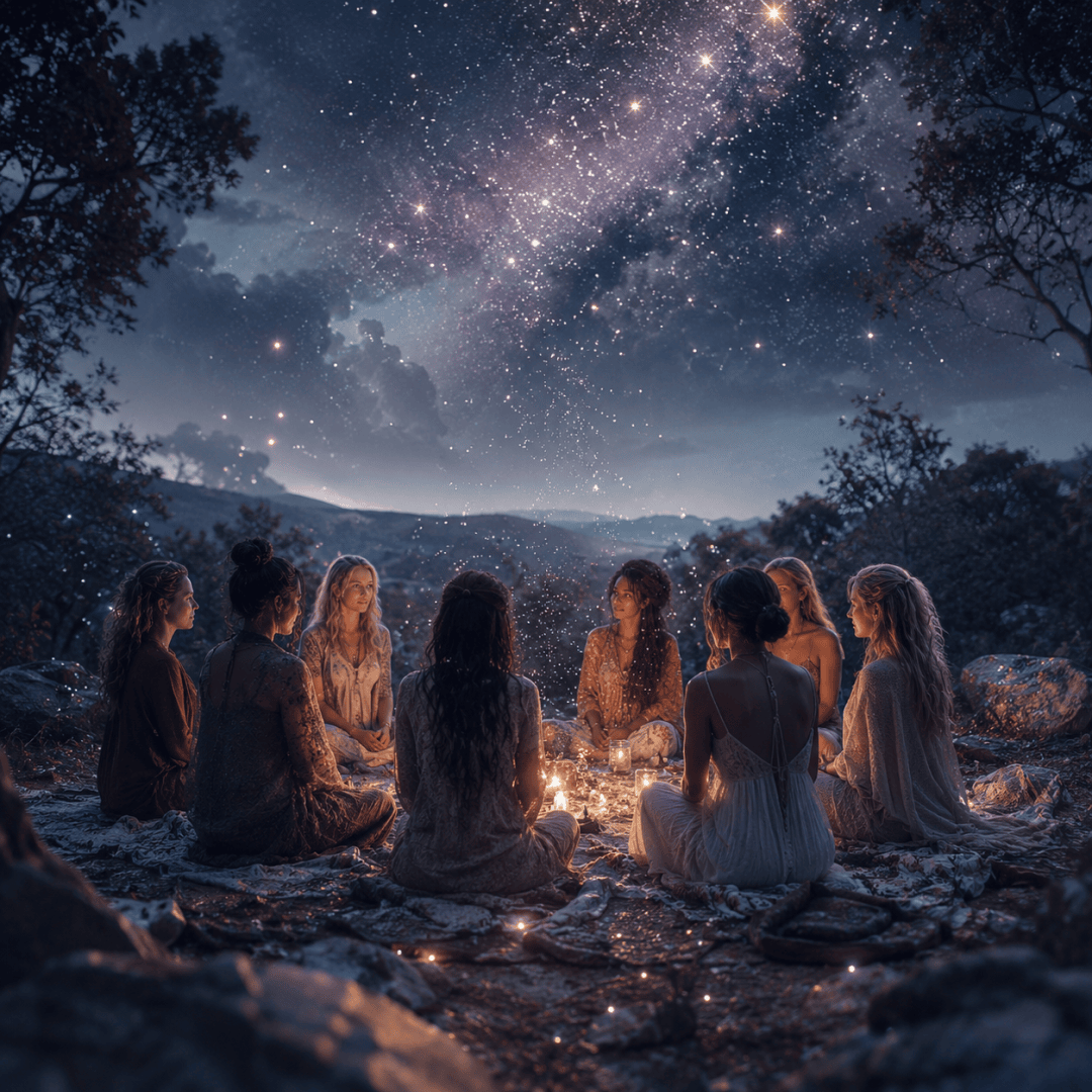 Acht Frauen sitzen nachts im Freien im Kreis um leuchtende Kerzen, umgeben von Bäumen und funkelnden Lichtern, über ihnen der Sternenhimmel.