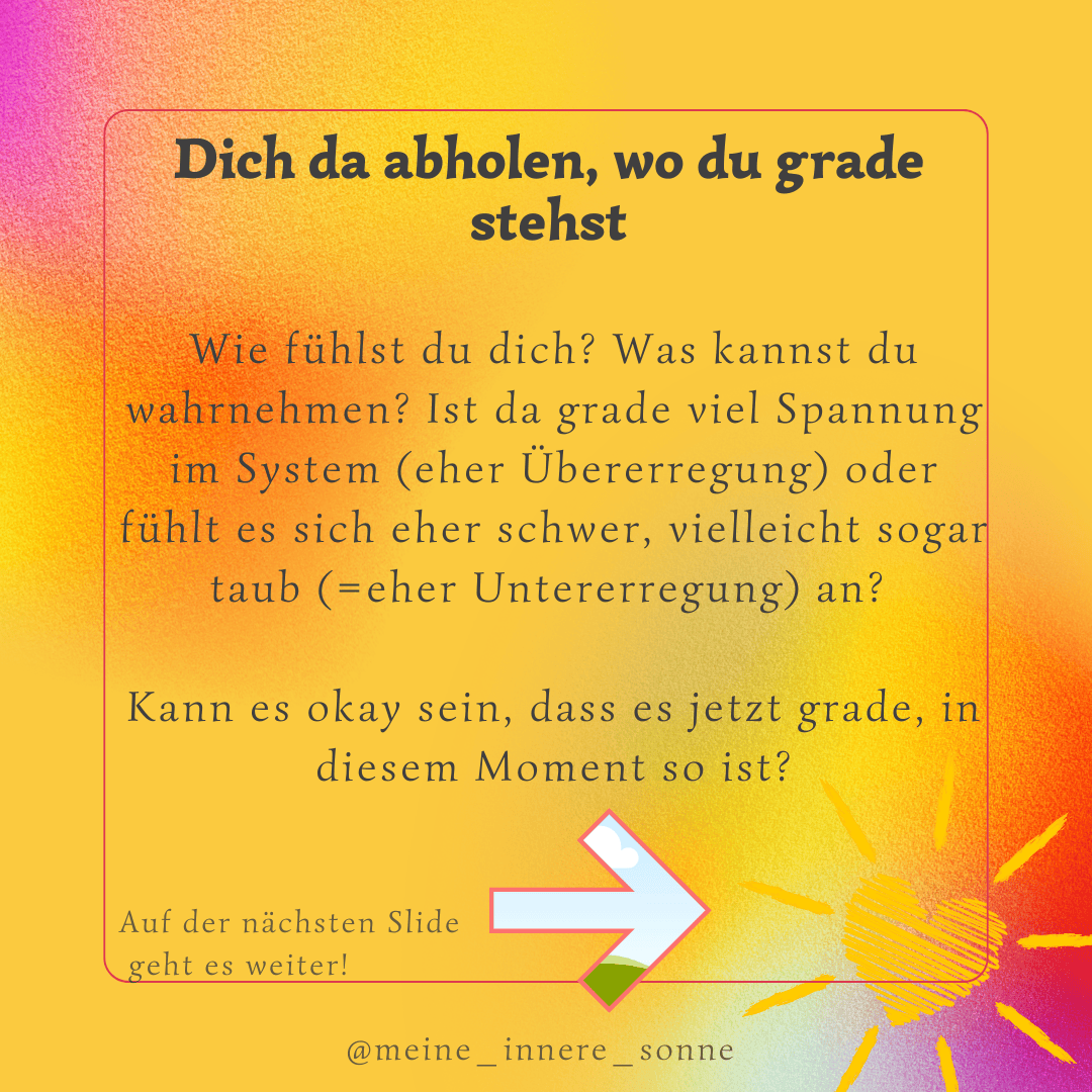 Orange- und rosafarbener Hintergrund mit deutschem Text über Selbstbewusstsein und emotionale Zustände. Unten rechts befindet sich eine gelbe Sonnenillustration und ein weißer Pfeil, der nach rechts zeigt. Unten steht das Instagram-Handle @meine_innere_sonne.