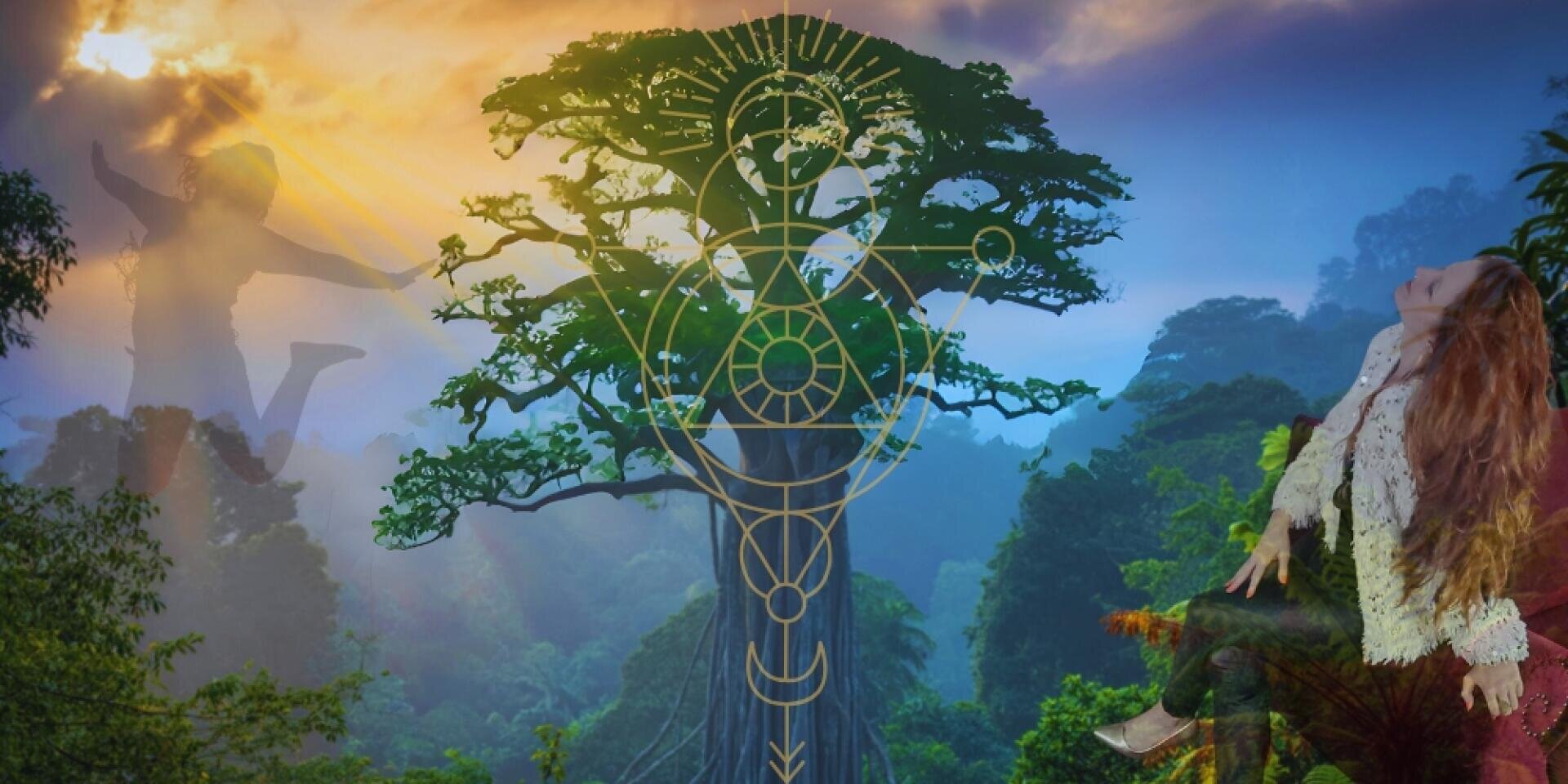Eine mystische Szene mit einem großen Baum in einem üppigen Wald, einer sitzenden Frau auf der rechten Seite, einer freudigen Silhouette, die auf der linken Seite springt, und goldenen geometrischen Symbolen, die das Bild überlagern, alles unter einem leuchtenden Himmel.