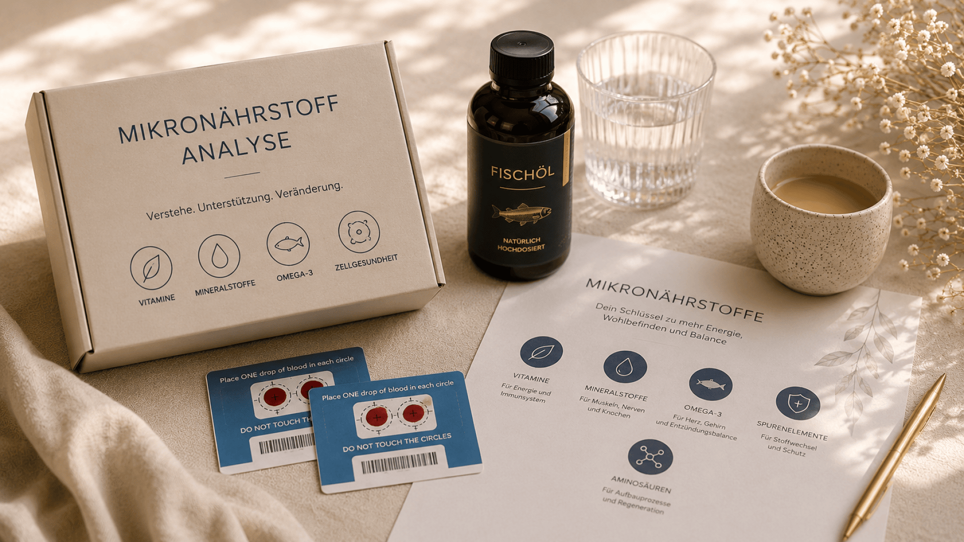Ein Mikronährstoff-Analyseset mit einer Schachtel, einer Flasche Omega-3-Fischöl, Blutprobenkarten, einem Informationsblatt, einer Tasse Kaffee und getrockneten Blumen auf einer beigen Fläche.