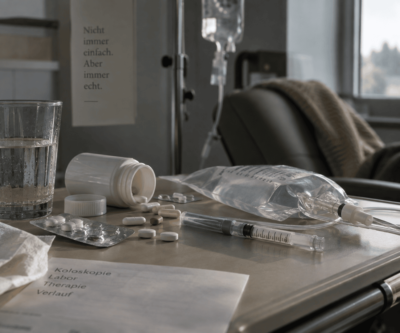Ein Krankenhaustablett mit Tabletten, einer Spritze, einem Infusionsbeutel, einem Glas Wasser und medizinischen Unterlagen. Im Hintergrund sind ein Stuhl und eine Decke zu sehen. An der Wand hängt ein deutsches Schild.