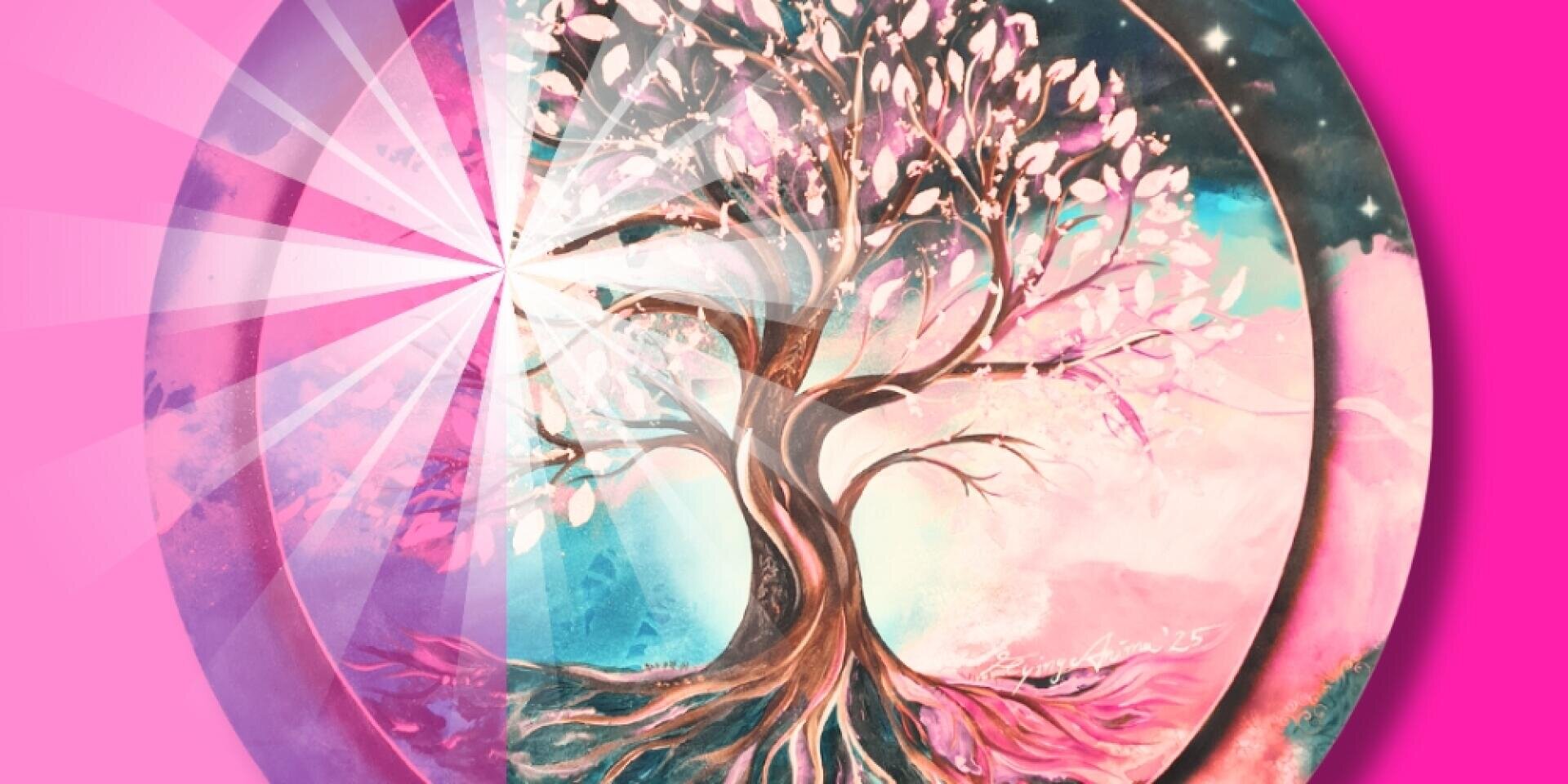 Ein stilisierter Baum mit rosafarbenen und weißen Blättern steht in der Mitte, umgeben von kreisförmigen, durchscheinenden rosafarbenen Überlagerungen und strahlenden Lichtstrahlen auf einem leuchtend rosa und blauen abstrakten Hintergrund.