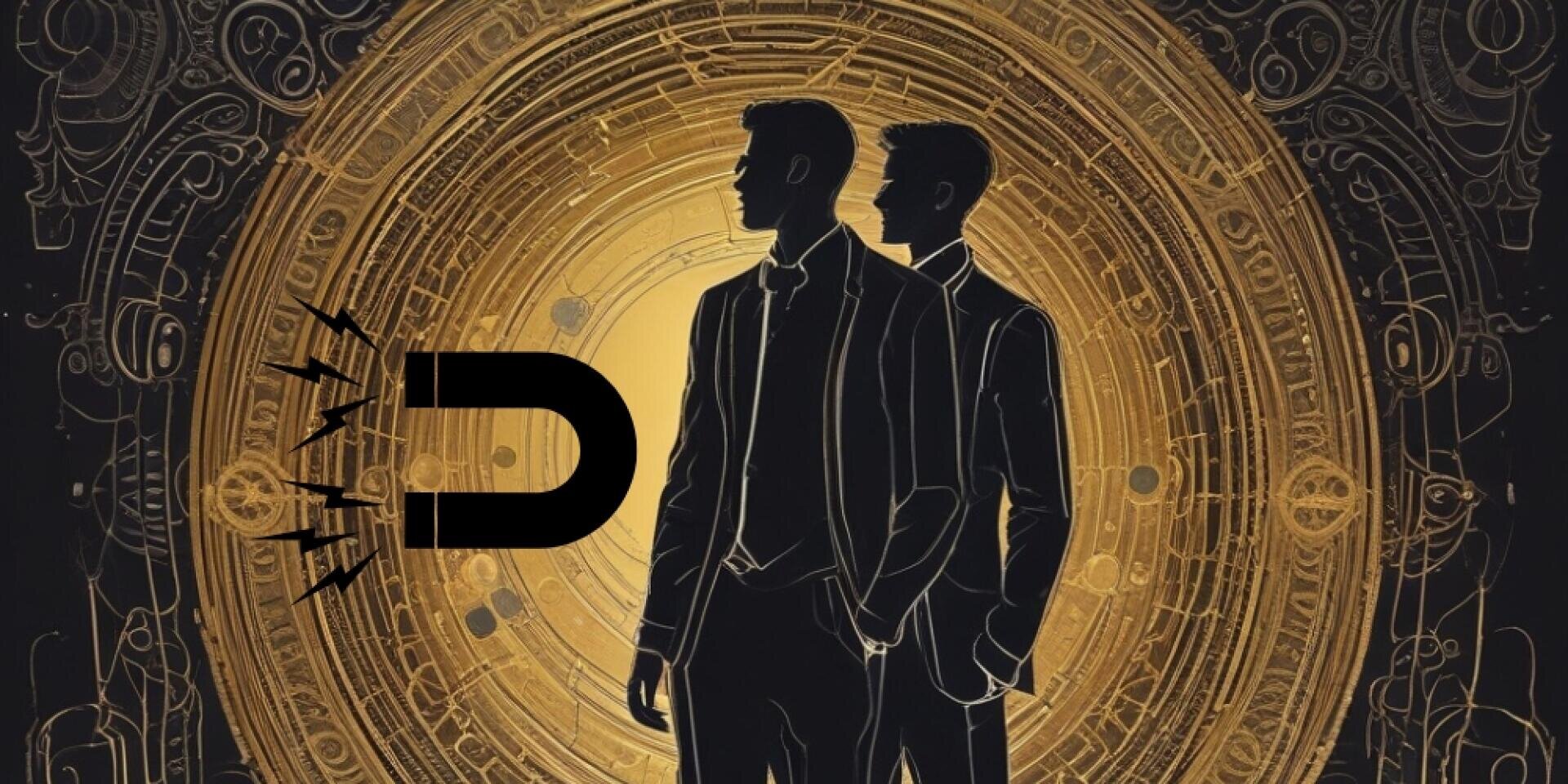 Zwei Männer in Anzügen stehen Rücken an Rücken vor einem leuchtenden, verschlungenen goldenen Kreis, aus dem ein großes schwarzes Magnetsymbol Linien zu ihnen hin ausstrahlt.