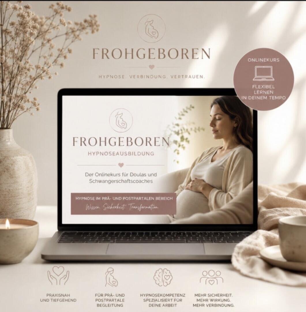 Ein Laptop auf einem Tisch zeigt eine Website für die Frohgeboren Hypnoseausbildung, auf der eine schwangere Frau ruhig sitzt. Der Text hebt einen Online-Kurs für Doulas und Geburtshelfer hervor, mit Icons und sanften, neutralen Farben.