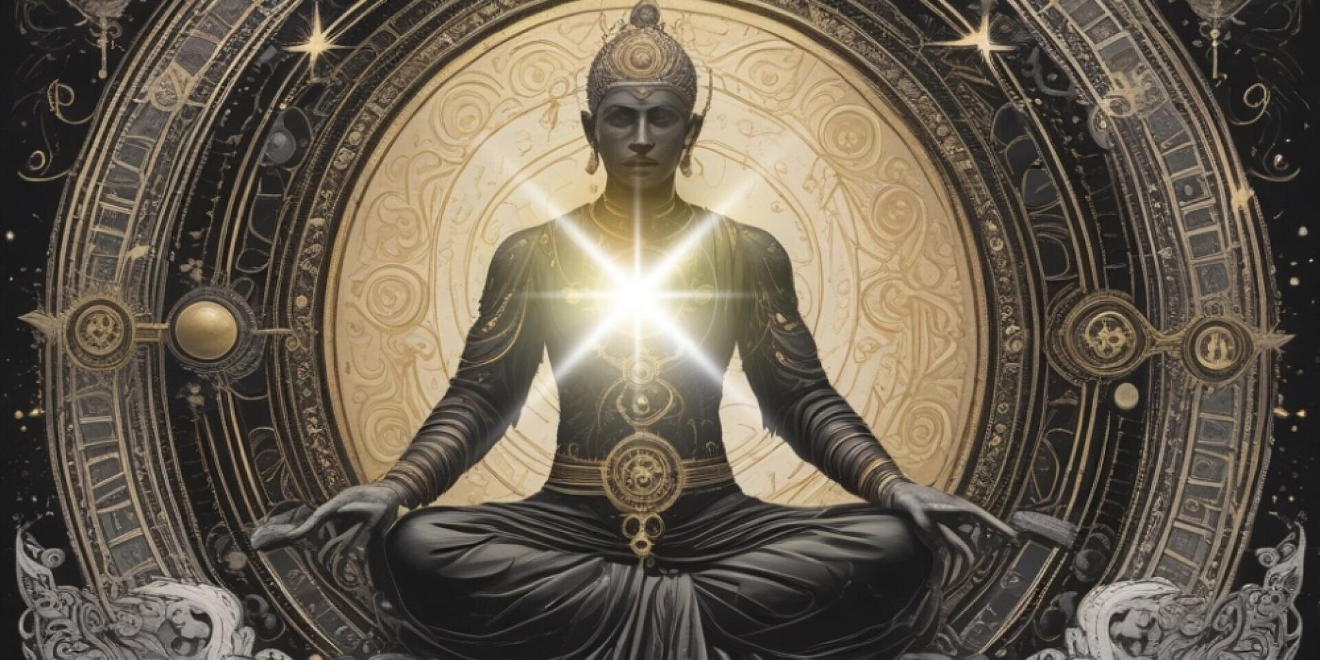 Eine heitere Figur in meditativer Haltung sitzt im Schneidersitz in einem verschnörkelten goldenen Kreis und strahlt mystische Energie aus ihrer Brust aus, umgeben von komplizierten himmlischen und geometrischen Mustern auf dunklem Hintergrund.
