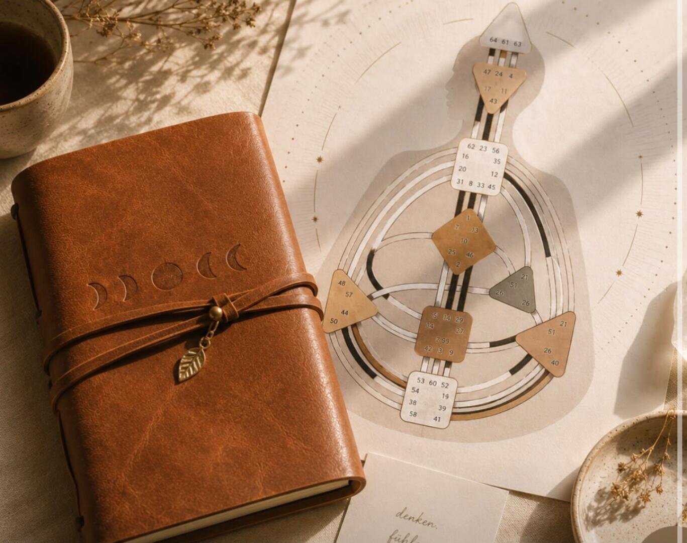 Auf einem Tisch liegt ein braunes Leder-Tagebuch mit einem Mondphasenmotiv neben einer Human-Design-Karte, umgeben von getrockneten Blumen und einer Tasse Kaffee.