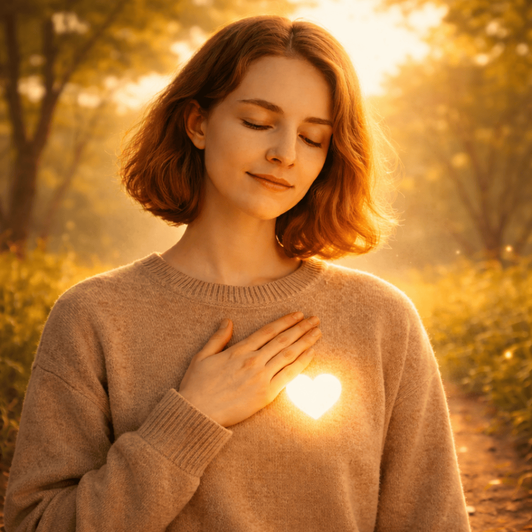 Eine junge Frau mit kurzen kastanienbraunen Haaren steht im Freien im sanften Sonnenlicht, die Augen geschlossen und sanft lächelnd, eine Hand auf der Brust, wo eine leuchtende Herzform auf ihrem Pullover zu sehen ist.