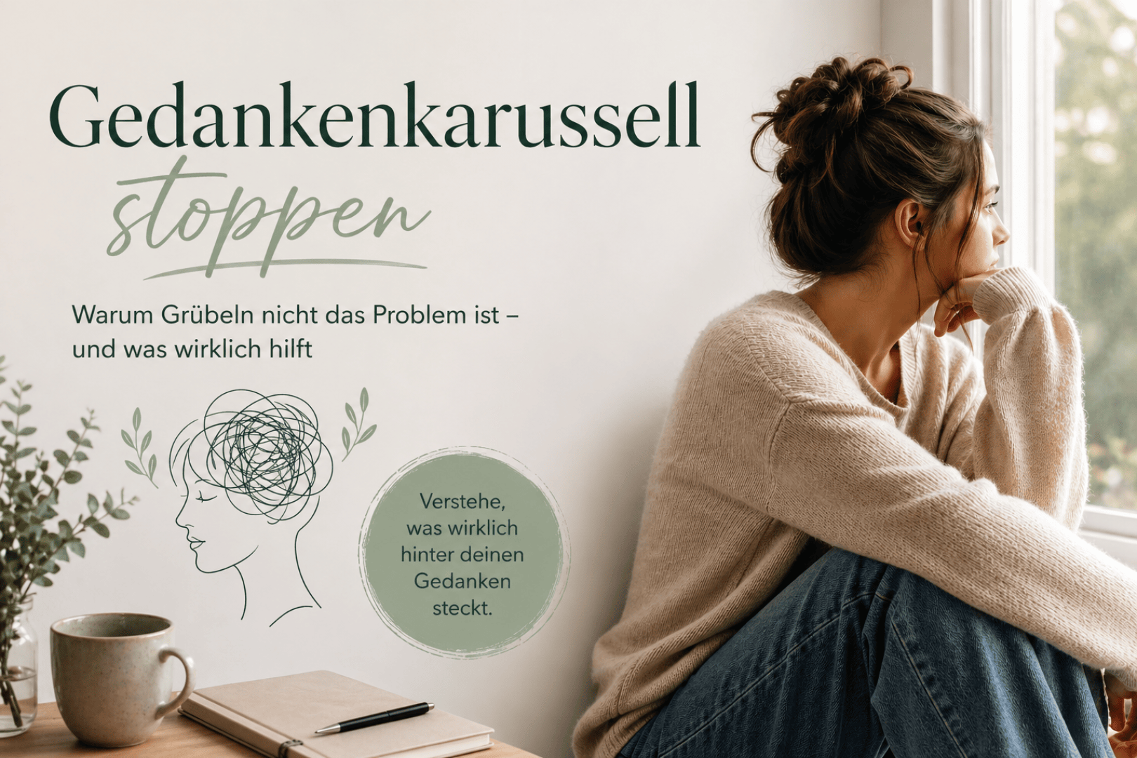 Eine Frau mit dunklem Haar in einem lockeren Dutt sitzt auf einer Fensterbank und schaut nachdenklich nach draußen. Der Text auf Deutsch spricht davon, nicht mehr zu viel nachzudenken und die Quelle seiner Gedanken zu verstehen, mit beruhigenden Farben und einfachen Grafiken.