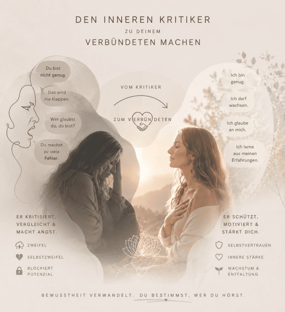 Eine sanft getönte Grafik zeigt zwei Frauen, die sich mit geschlossenen Augen gegenüberstehen, die Hände auf dem Herzen. Flussdiagramme und Symbole veranschaulichen die Umwandlung von Selbstkritik in Selbstvertrauen, mit Worten wie Zweifel, Selbstzweifel, Selbstvertrauen und Wachstum.