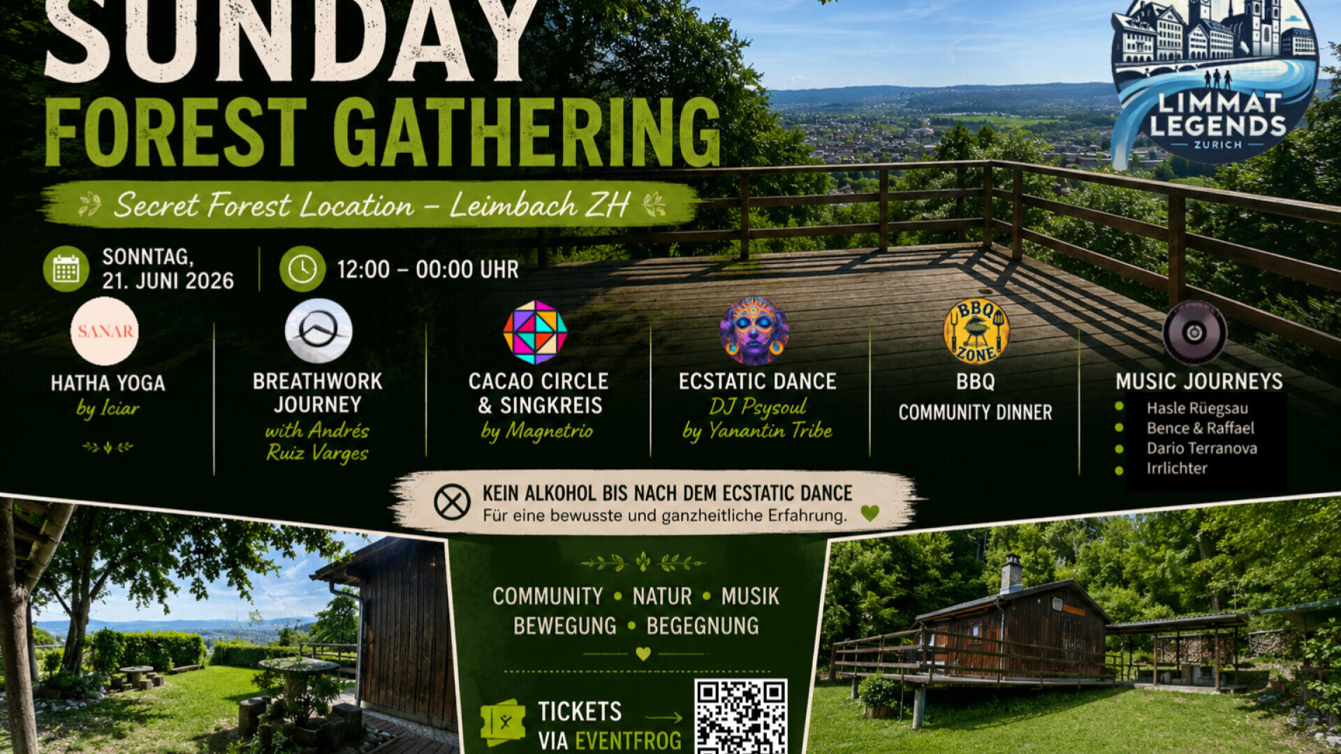 Veranstaltungsplakat für das „Sunday Forest Gathering“ mit der Abbildung einer malerischen Waldterrasse mit Picknicktischen und Blick auf die Berge, Veranstaltungsdetails, Aktivitäten wie Yoga und Grillen sowie Logos auf grünem Hintergrund mit dekorativen Blättern.