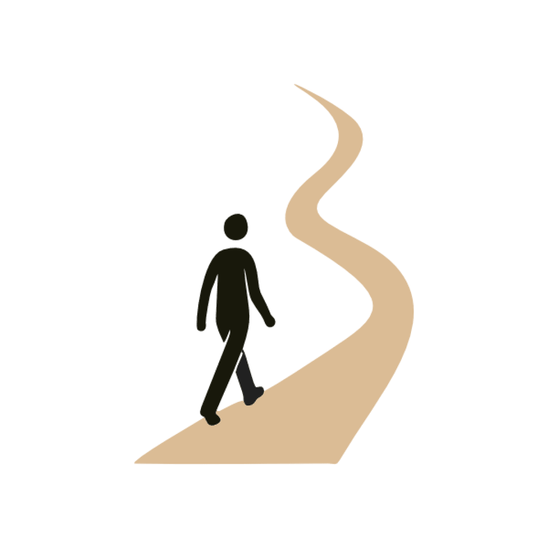 Eine einfache Illustration einer Person, die auf einem hellen Hintergrund einen gewundenen, beigen Weg entlanggeht, der sich in die Ferne erstreckt.