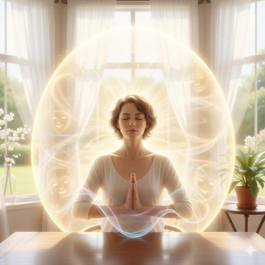 Eine Frau sitzt an einem Tisch, die Augen geschlossen und die Hände zum Gebet gefaltet, umgeben von einer leuchtenden Aura in einem hellen Raum mit Pflanzen und transparenten Vorhängen.