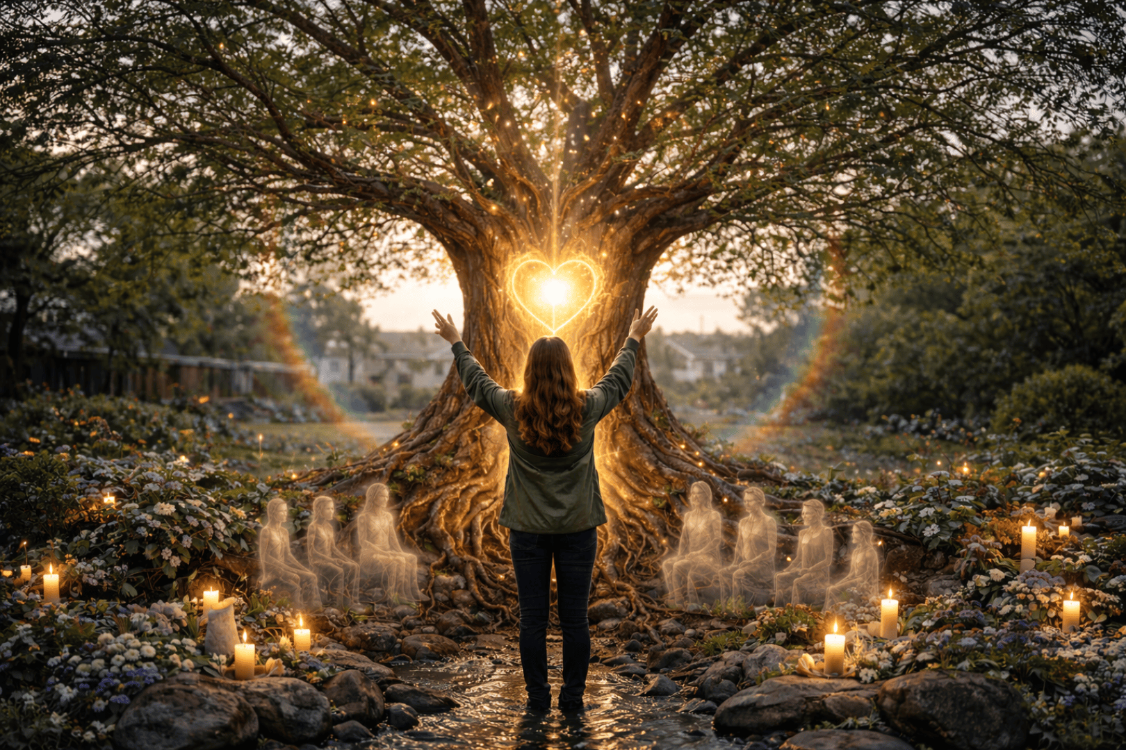 Eine Frau steht mit erhobenen Armen vor einem großen Baum, in dessen Mitte ein herzförmiges Licht leuchtet. Geisterhafte Figuren, Kerzen und Regenbogenlicht umgeben sie in einem lebendigen, magischen Garten.