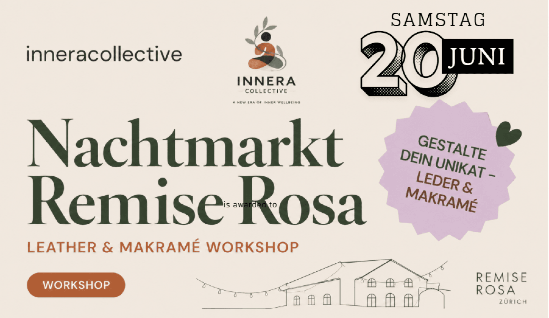 Veranstaltungsplakat für den Nachtmarkt Remise Rosa mit einem Leder- und Makramee-Workshop, der am Samstag, 20. Juni, stattfindet. Enthält Logos und eine Strichzeichnung eines Gebäudes der Remise Rosa in Zürich.