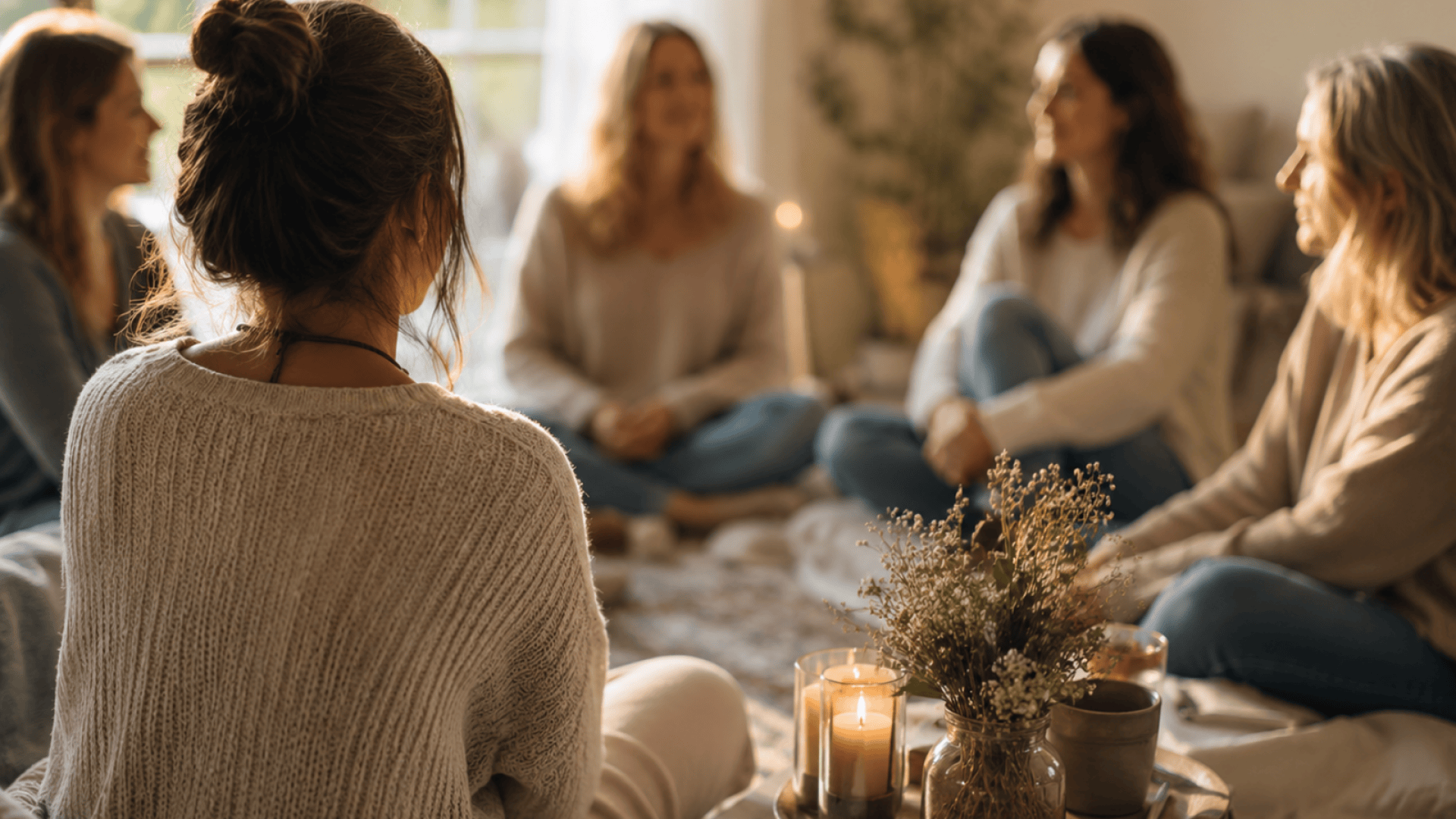 Fünf Frauen sitzen bei einem Treffen im Kreis auf dem Boden und blicken einander an.