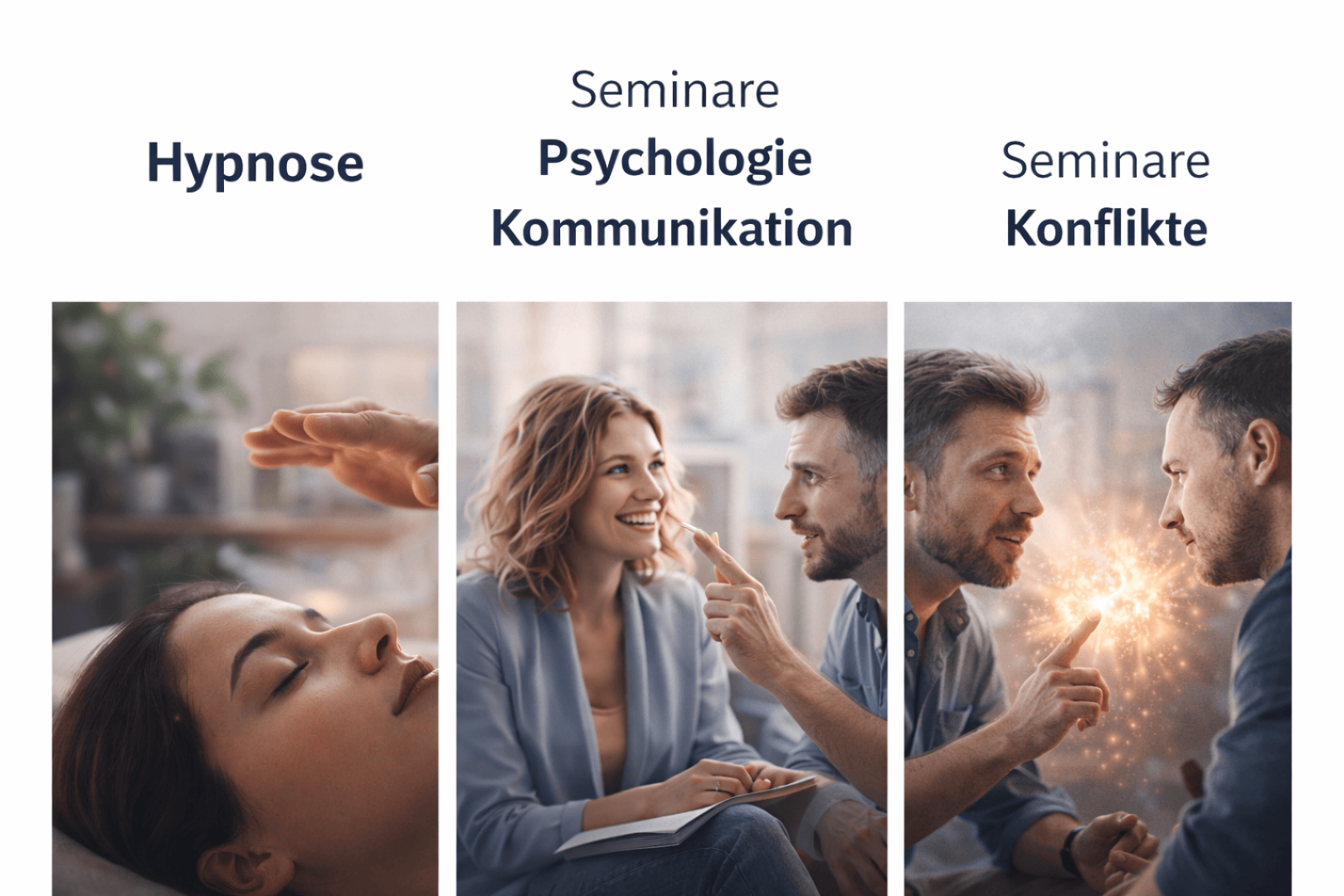 Drei Bilder unter Überschriften: Hypnose zeigt eine Frau mit geschlossenen Augen, die hypnotisiert wird; Seminare Psychologie Kommunikation zeigt zwei Personen, die lächelnd diskutieren; Seminare Konflikte zeigt zwei Männer, die sich heftig streiten.