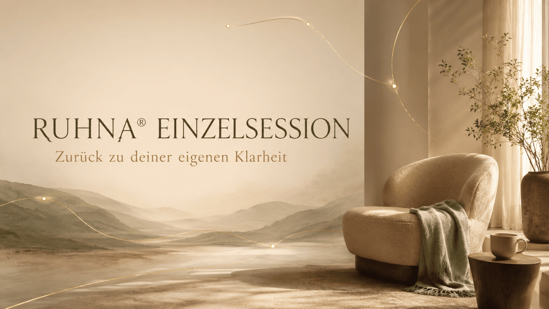 Ein gemütlicher, lichtdurchfluteter Raum mit einem beigen Sessel, einer grünen Decke, einem kleinen Beistelltisch und einem ruhigen Wandbild, das einen nebelverhangenen Berg zeigt. Der deutsche Text lautet: RUHNA® EINZELSESSION – Zurück zu deiner eigenen Klarheit.