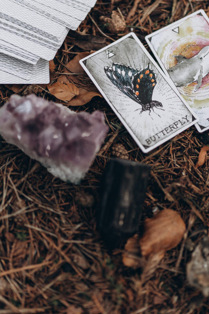 Zwei Tarotkarten, von denen eine einen Schmetterling zeigt, liegen auf Tannennadeln neben einem violetten Kristall, einem schwarzen Stein und einem Stapel gestreifter Karten in der Ecke.
